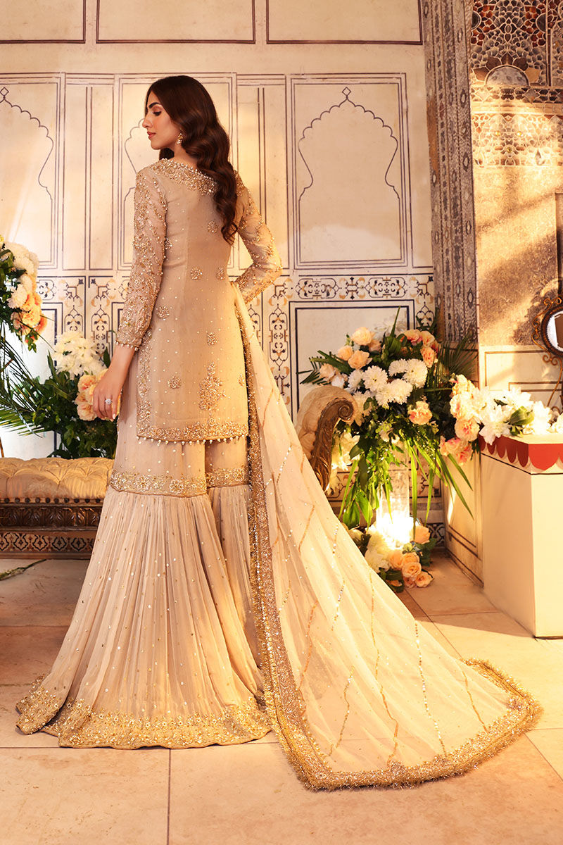 Pakistani Off-White Zardozi Chiffon Gharara Set (3-Piece) - Image 6