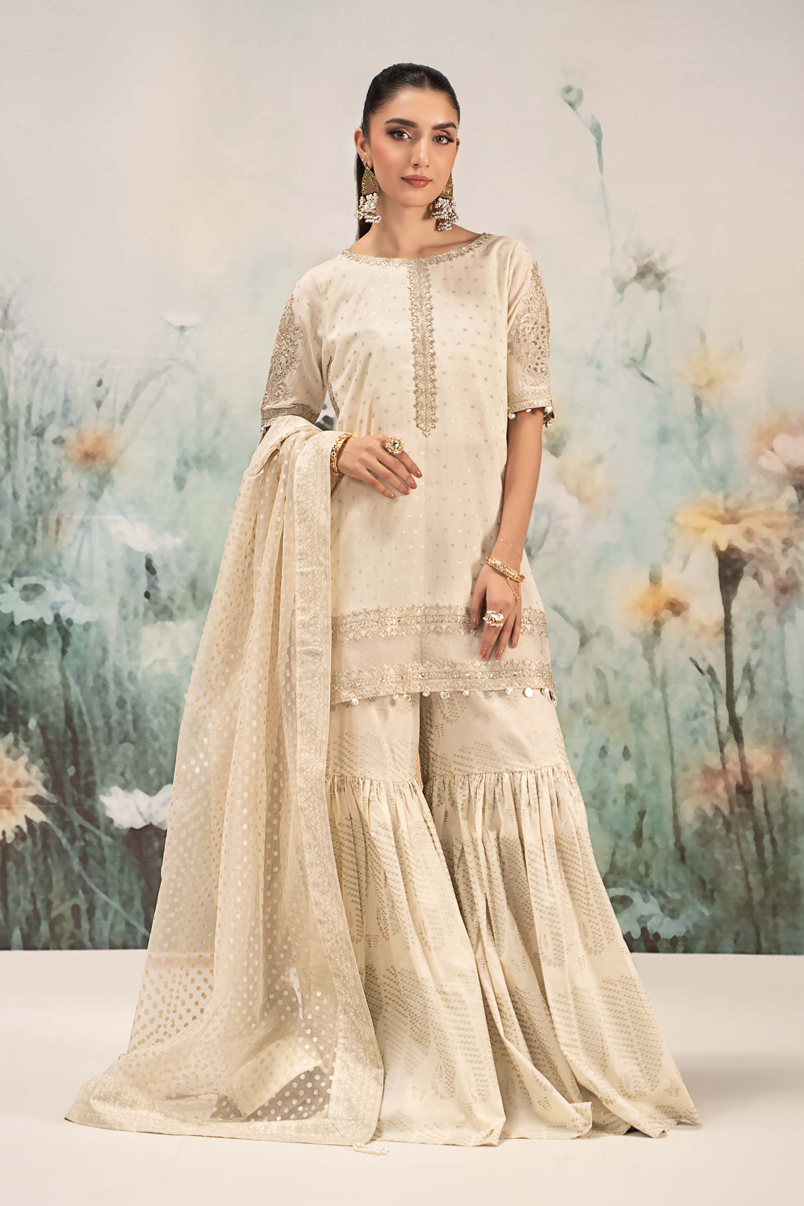 Off-White Embroidered Cotton Lurex Gharara (3-Piece) - Image 1
