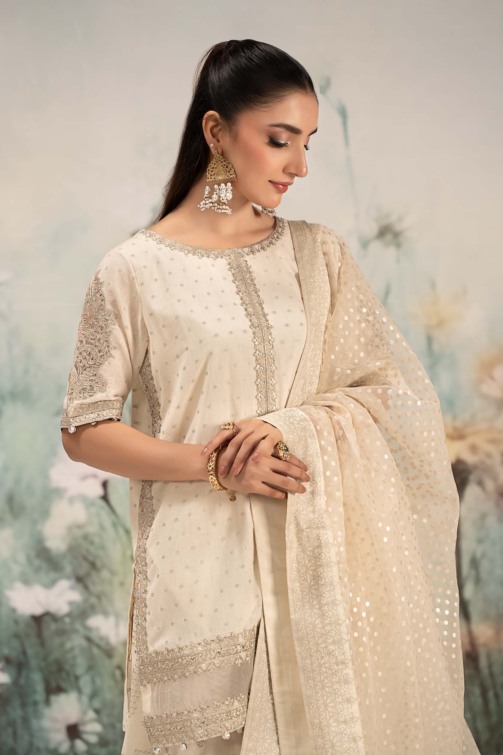 Off-White Embroidered Cotton Lurex Gharara (3-Piece) - Image 2