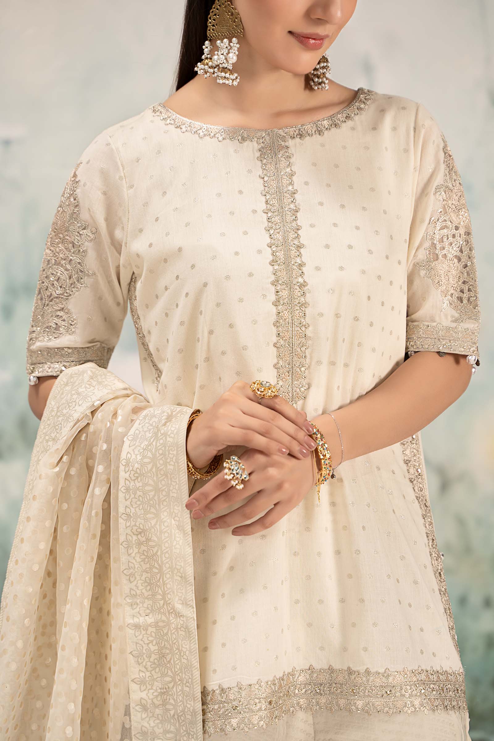 Off-White Embroidered Cotton Lurex Gharara (3-Piece) - Image 4