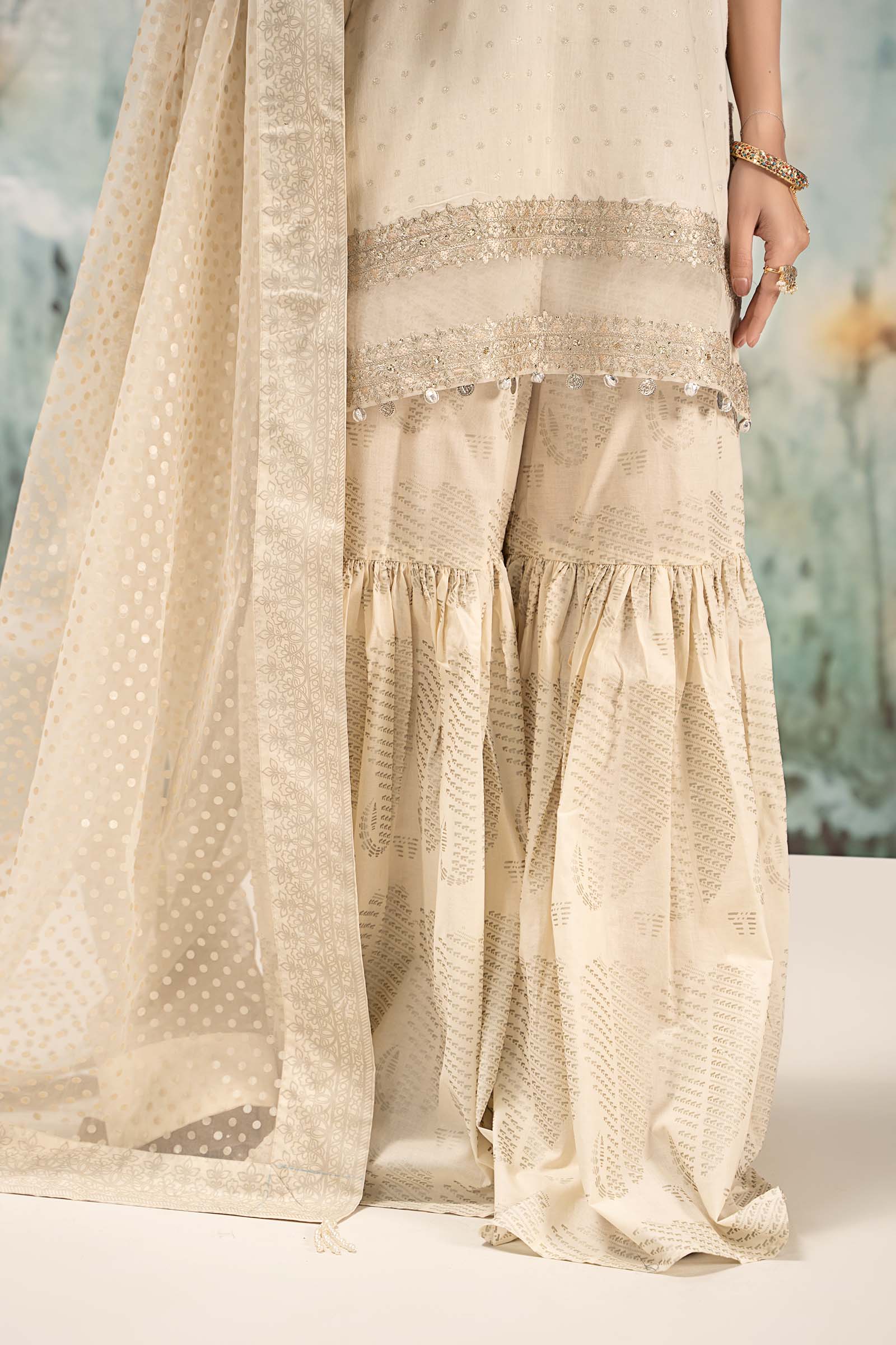 Off-White Embroidered Cotton Lurex Gharara (3-Piece) - Image 5