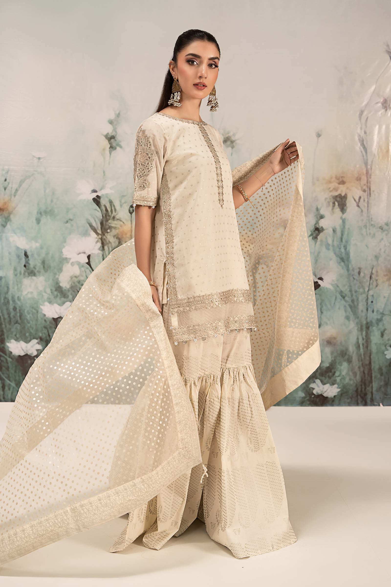 Off-White Embroidered Cotton Lurex Gharara (3-Piece) - Image 6