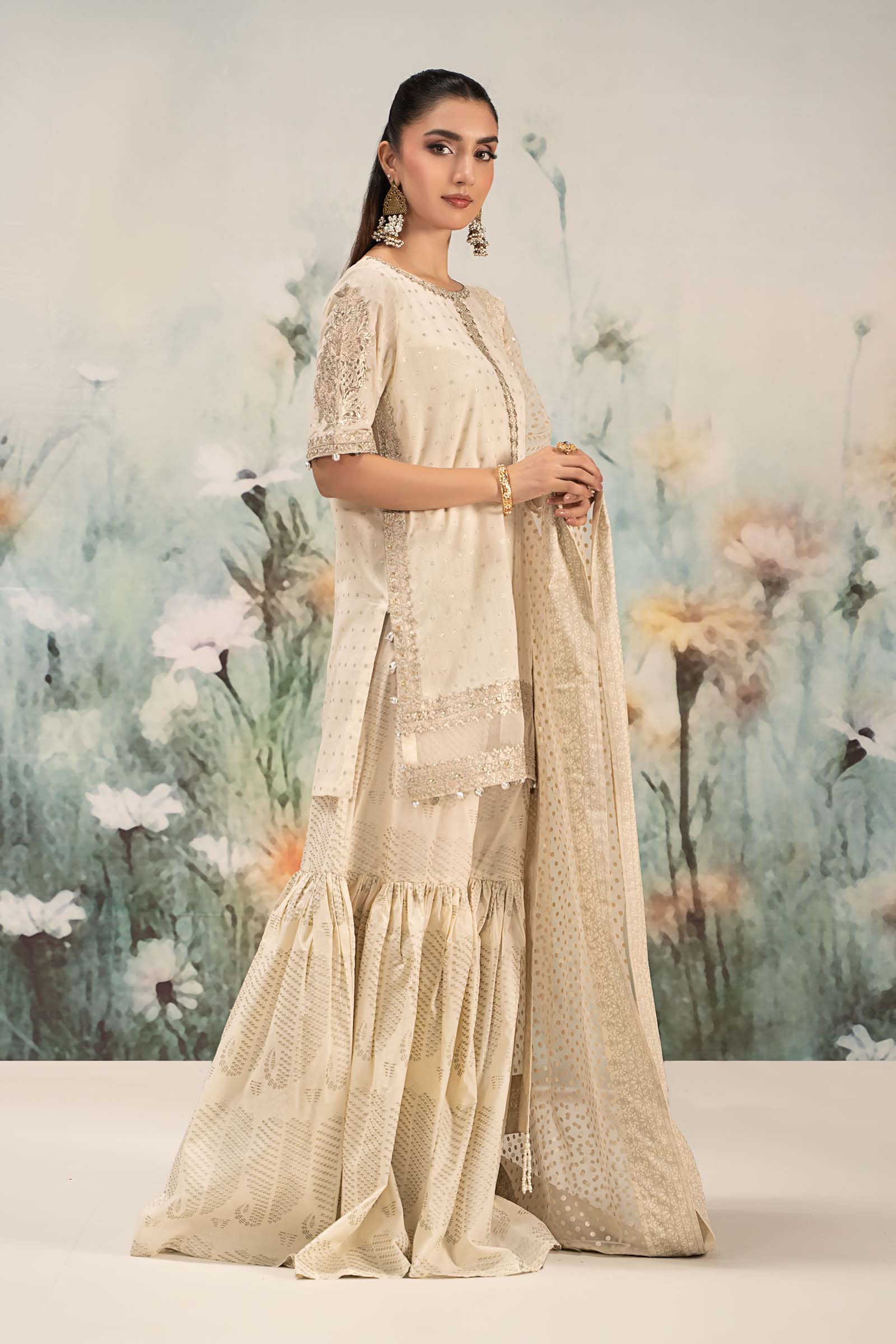 Off-White Embroidered Cotton Lurex Gharara (3-Piece) - Image 7