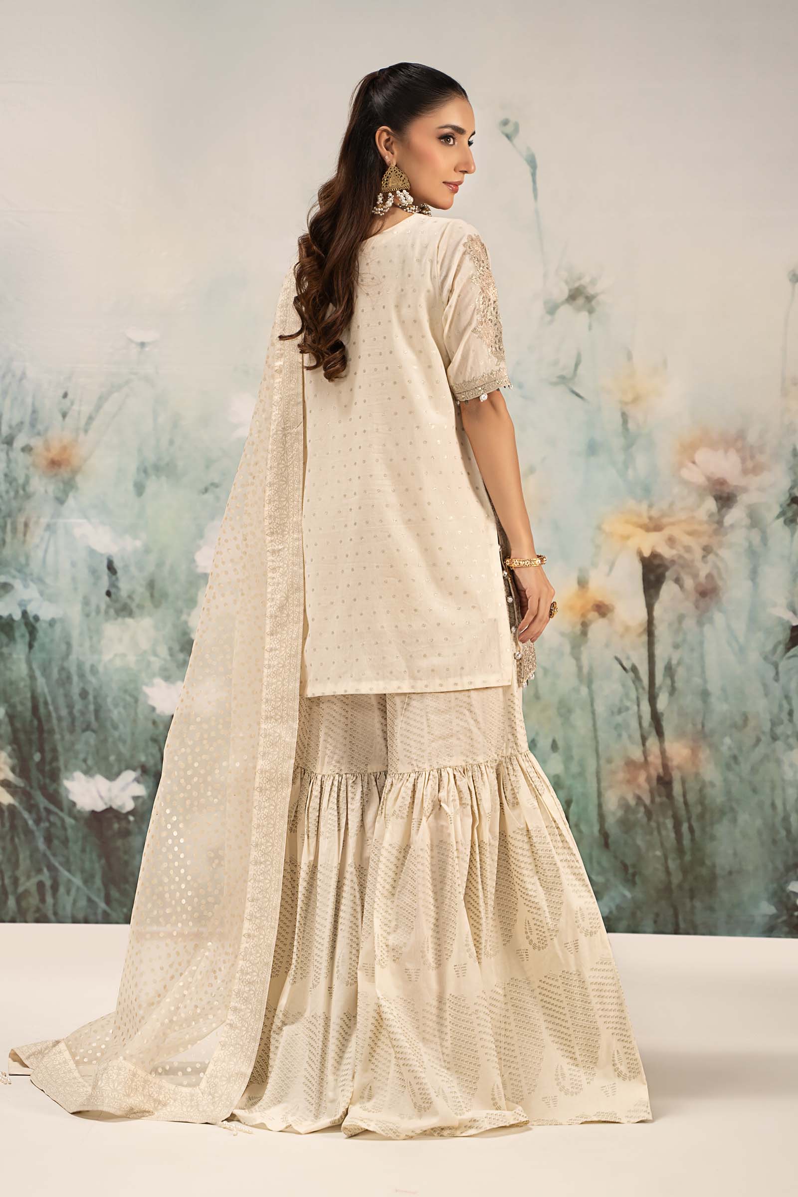 Off-White Embroidered Cotton Lurex Gharara (3-Piece) - Image 8