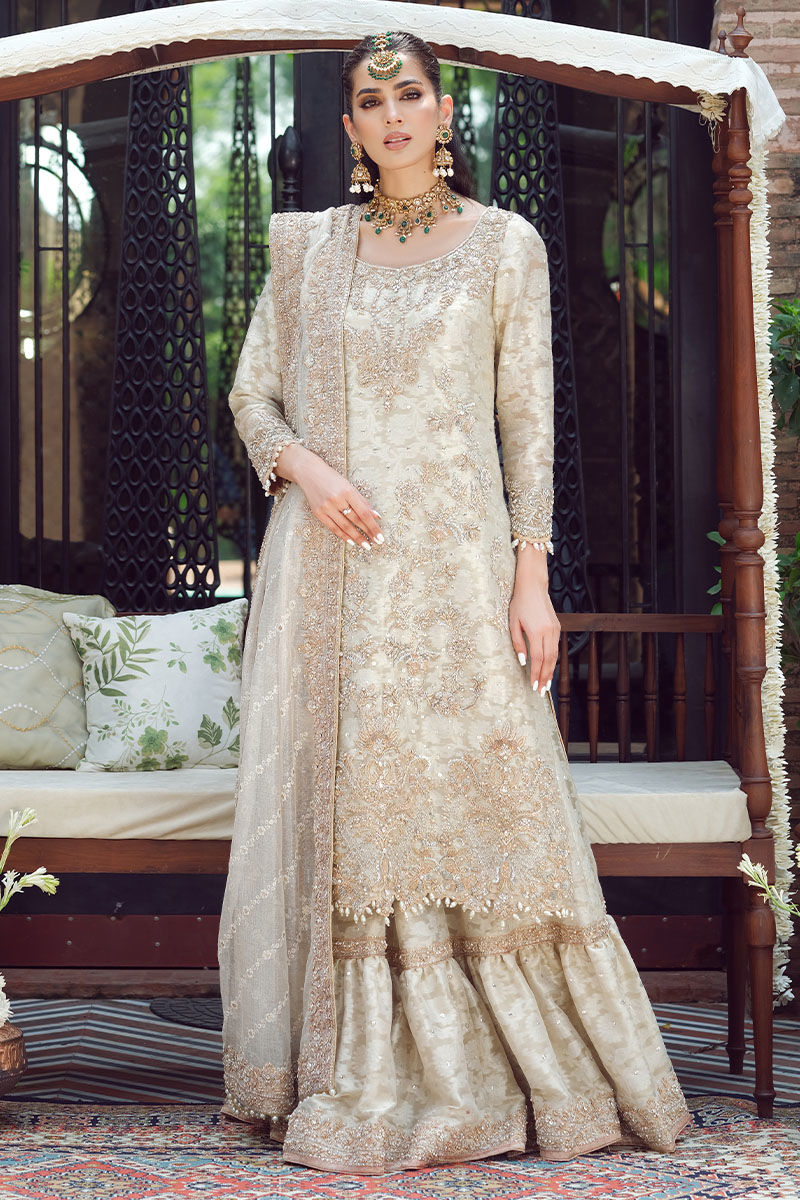 Off-White Handworked Cotton Net Gharara (3-Piece) - Image 1