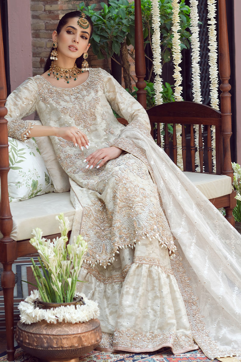 Off-White Handworked Cotton Net Gharara (3-Piece) - Image 6