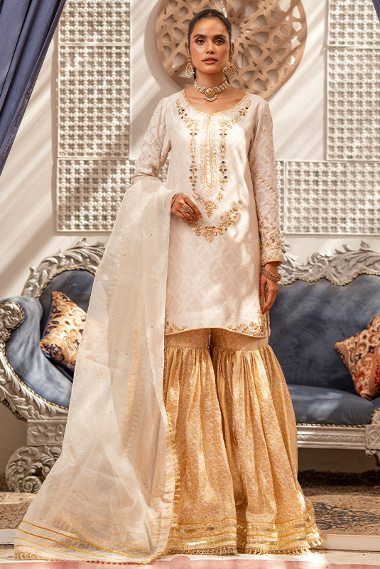 Pakistani Ivory Mirrorwork Jacquard Shirt & Brocade Gharara (3-Piece) - Image 2