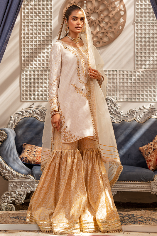 Pakistani Ivory Mirrorwork Jacquard Shirt & Brocade Gharara (3-Piece) - Image 3