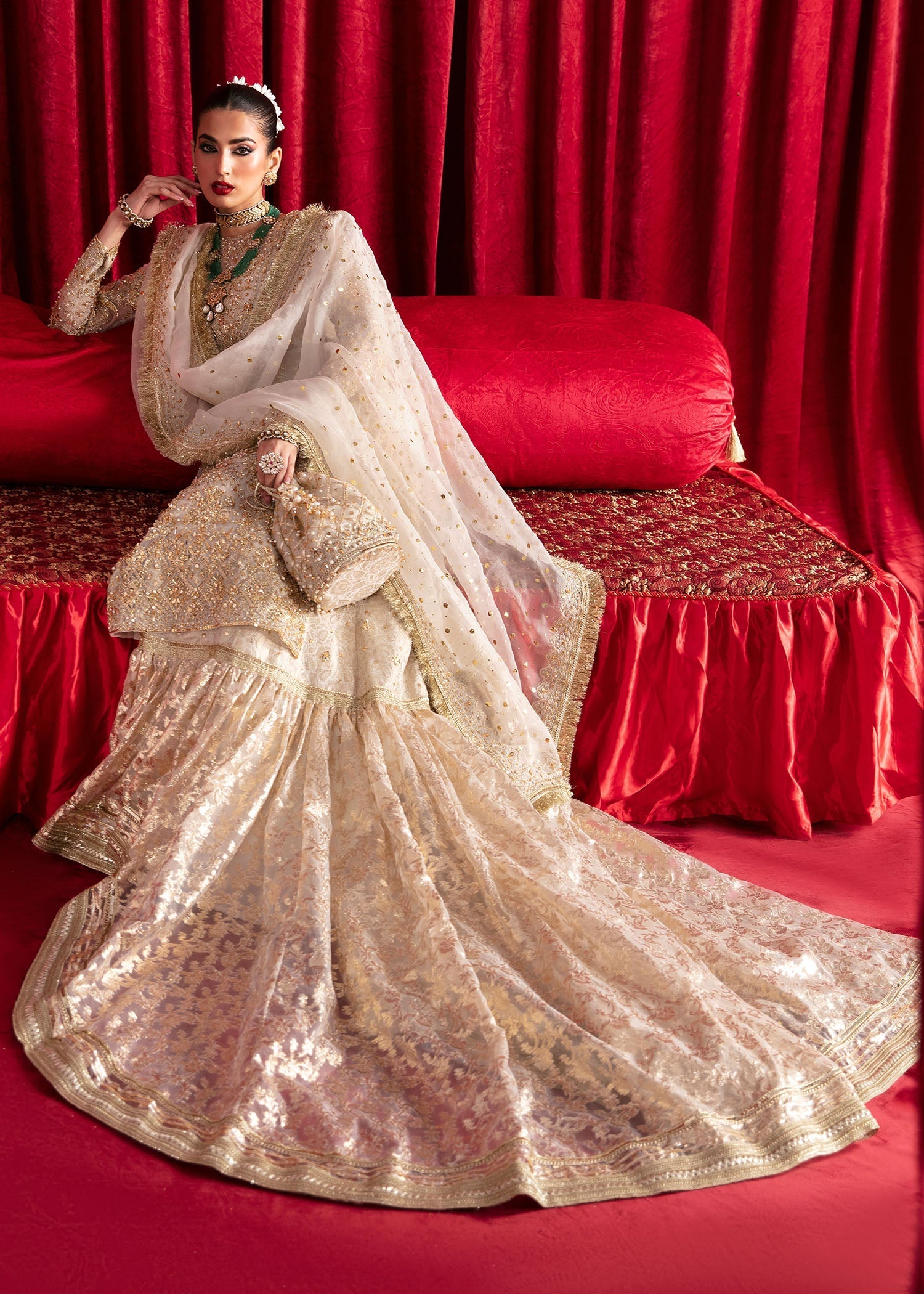 Indian Off-White Hand Embellished Badla Jamavar Farshi Gharara (3-Piece) - Image 6