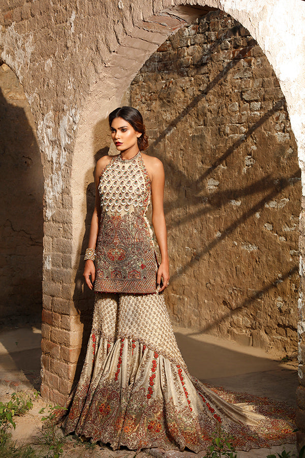 Pakistani Ivory Kundan Zari Jamawar Gharara (3-Piece) - Image 3