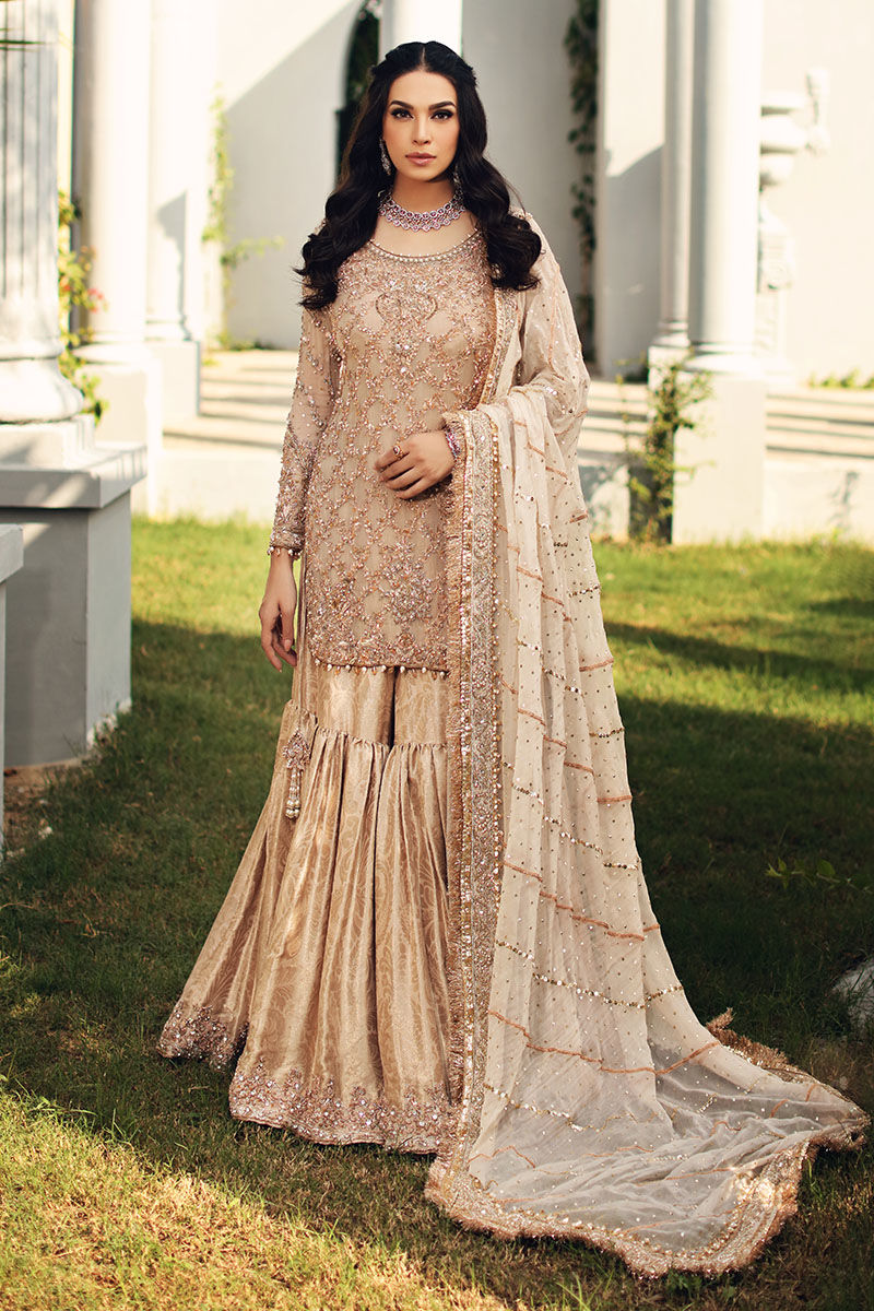 Pakistani Ivory Embroidered Jamawar Gharara Set (3-Piece) - Image 1