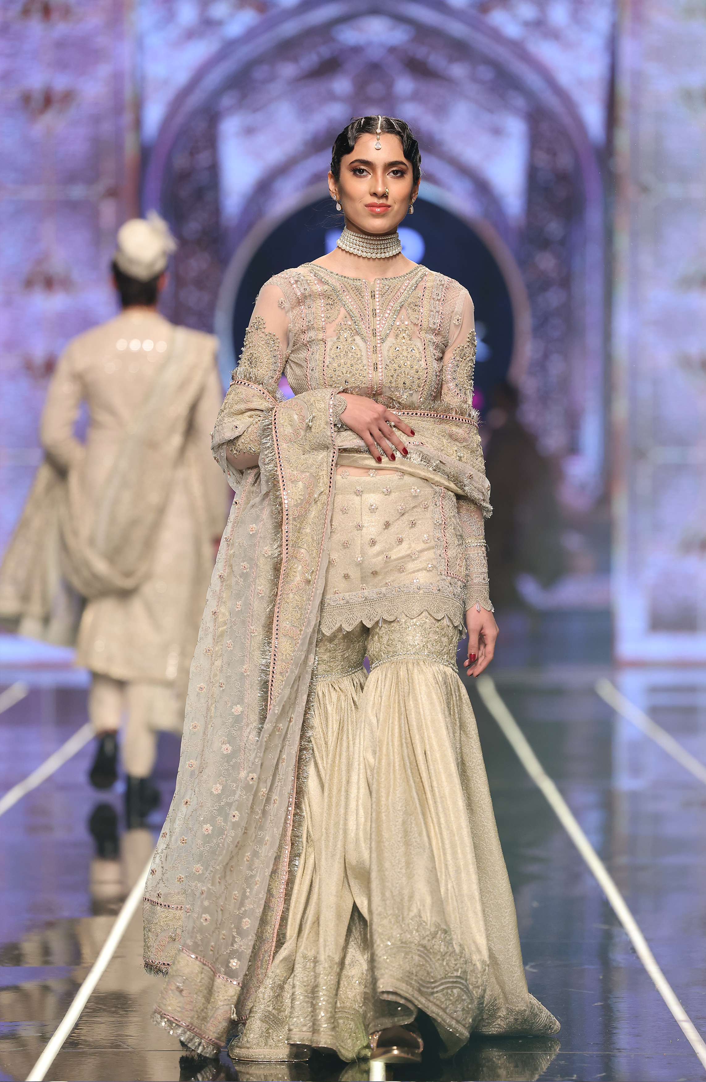 Ivory Embroidered Net Shirt with Jamawar Gharara (3-Piece) - Image 1