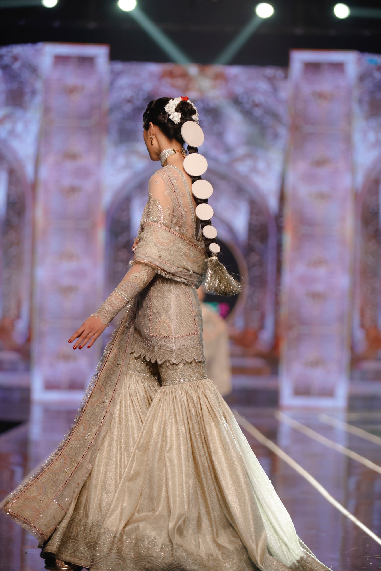 Ivory Embroidered Net Shirt with Jamawar Gharara (3-Piece) - Image 3