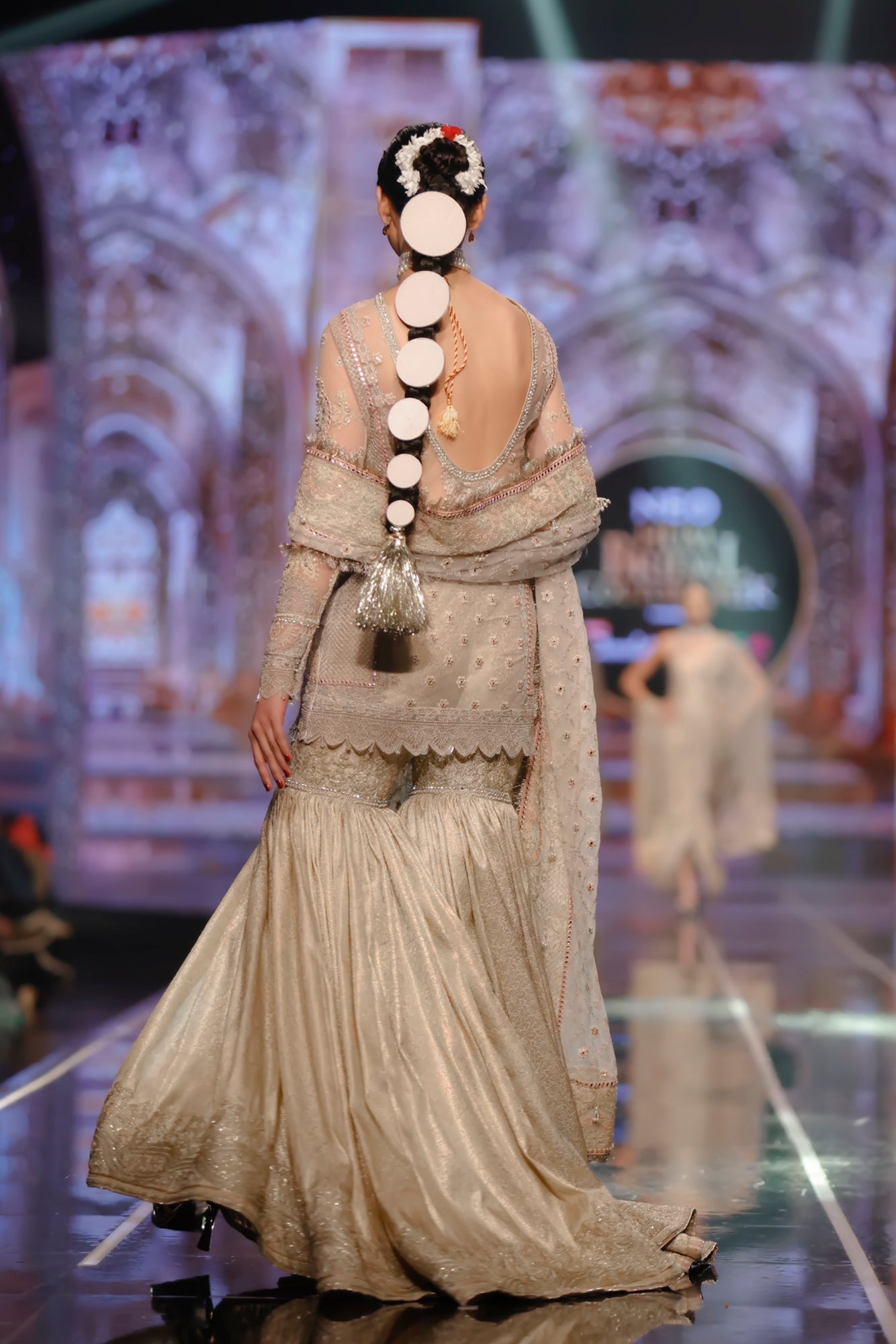 Ivory Embroidered Net Shirt with Jamawar Gharara (3-Piece) - Image 4