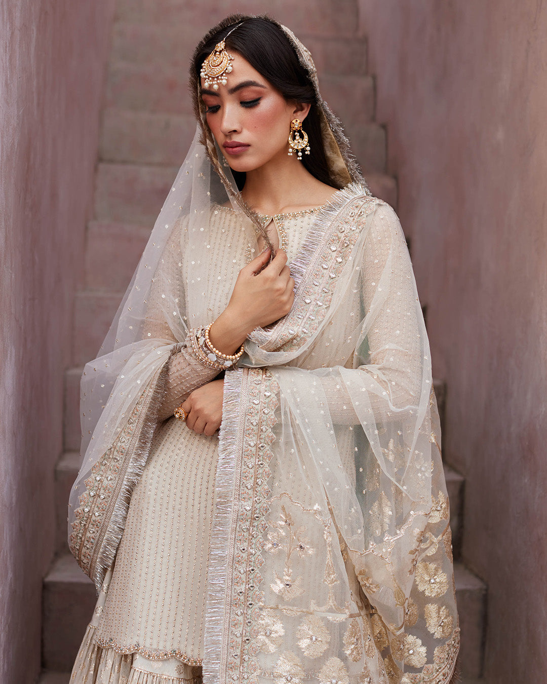 Off-White Embroidered Chiffon & Karandi Gharara (3-Piece) - Image 6