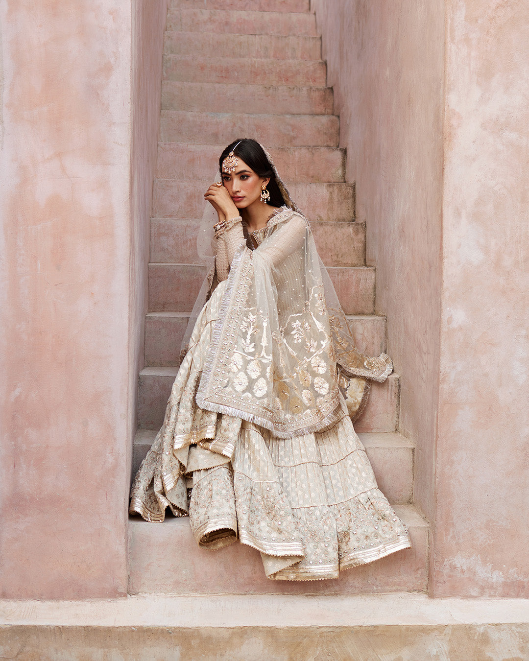 Off-White Embroidered Chiffon & Karandi Gharara (3-Piece) - Image 7