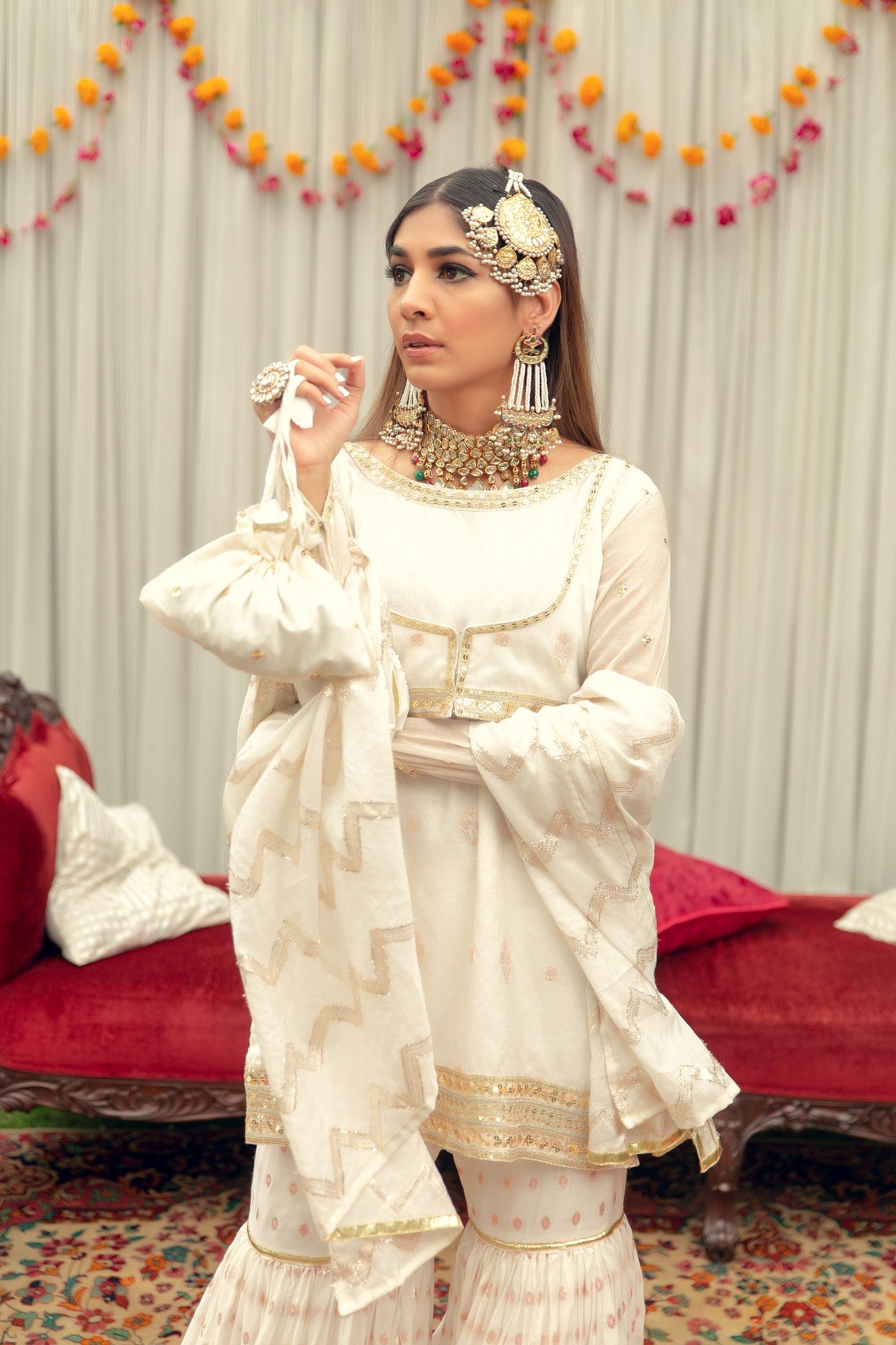 Off-White Kacha Tilla Karandi Lawn Gharara (3-Piece) - Image 1