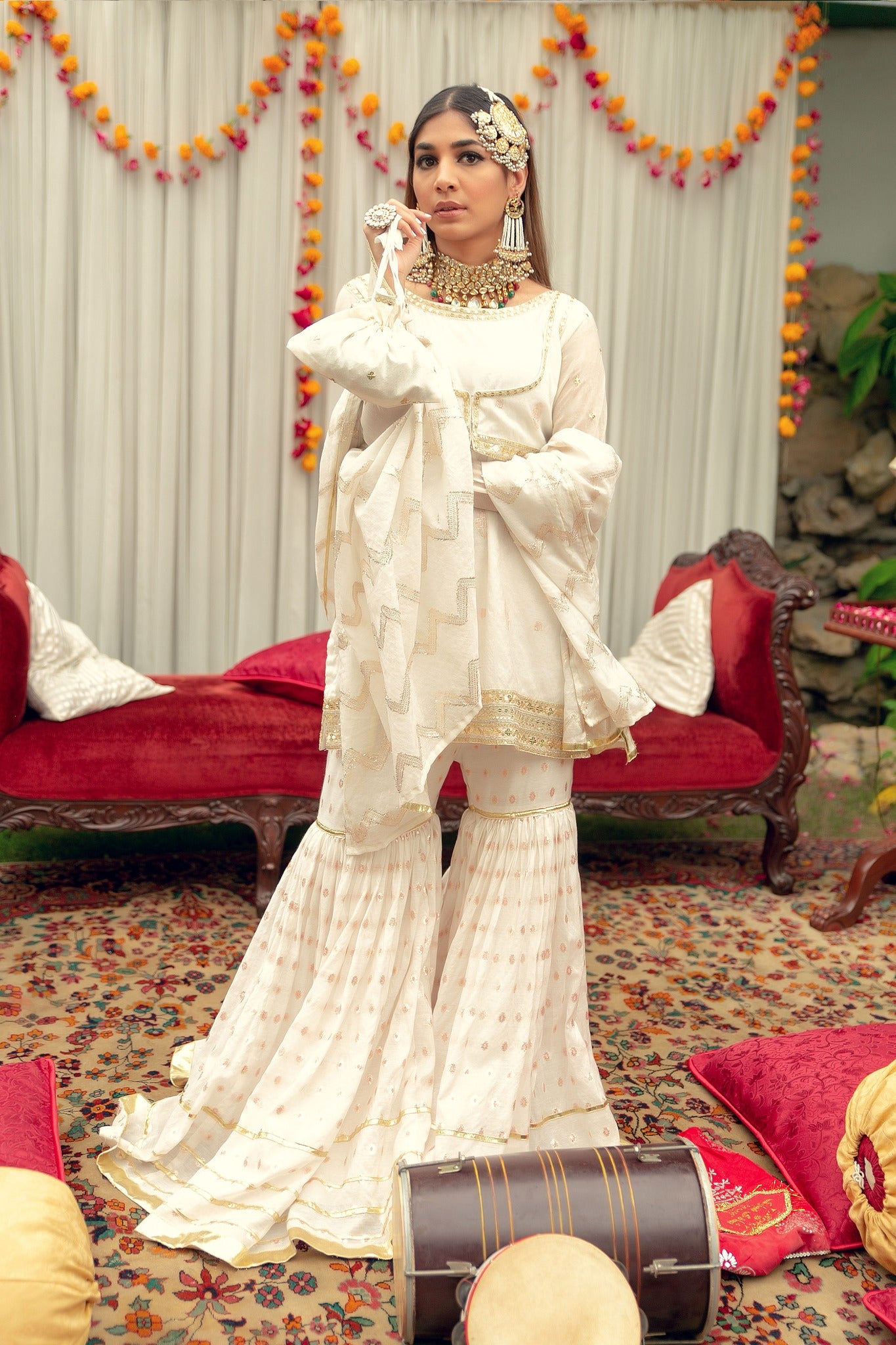 Off-White Kacha Tilla Karandi Lawn Gharara (3-Piece) - Image 4