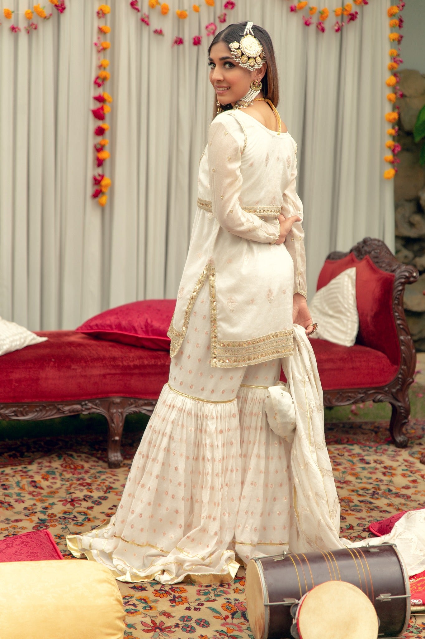 Off-White Kacha Tilla Karandi Lawn Gharara (3-Piece) - Image 5