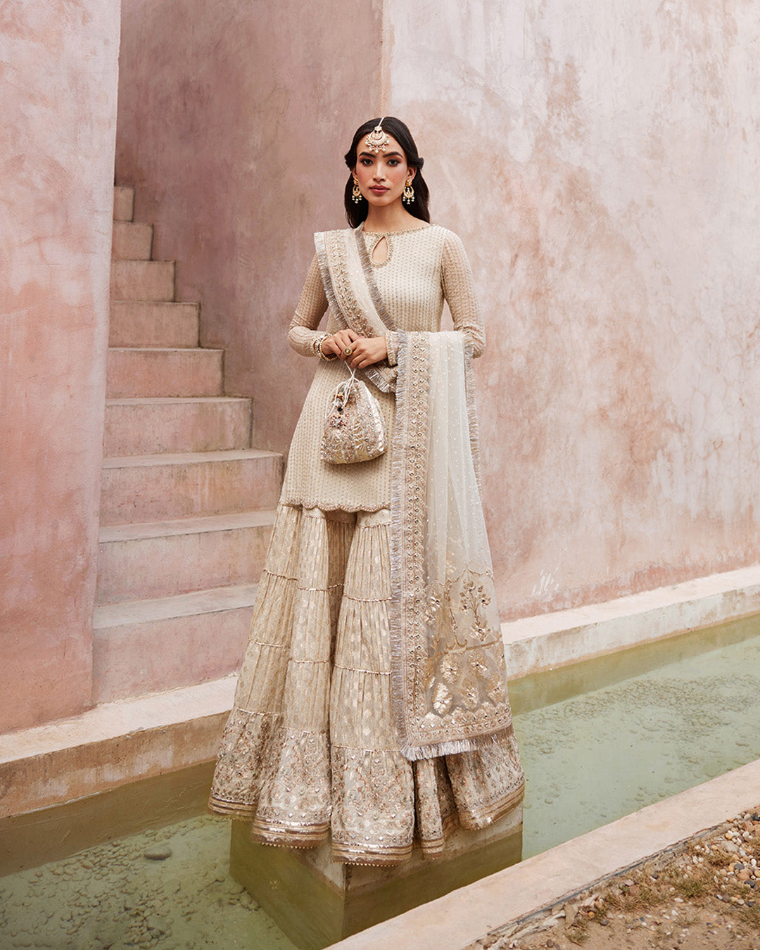 Off-White Embroidered Chiffon & Karandi Gharara (3-Piece) - Image 1