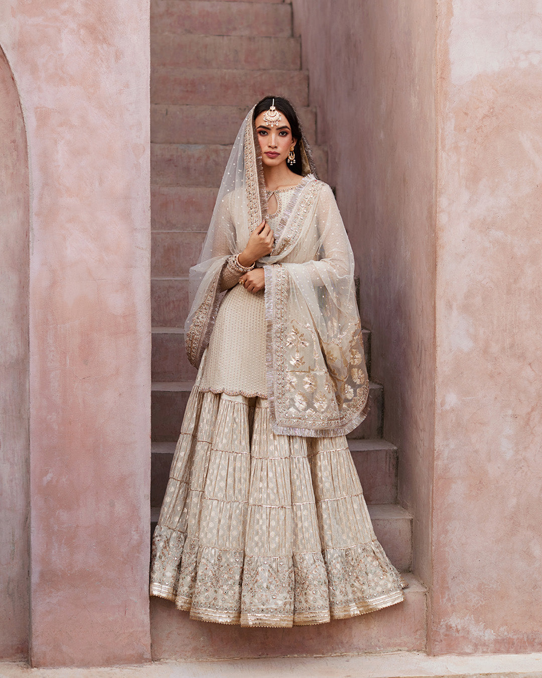 Off-White Embroidered Chiffon & Karandi Gharara (3-Piece) - Image 2