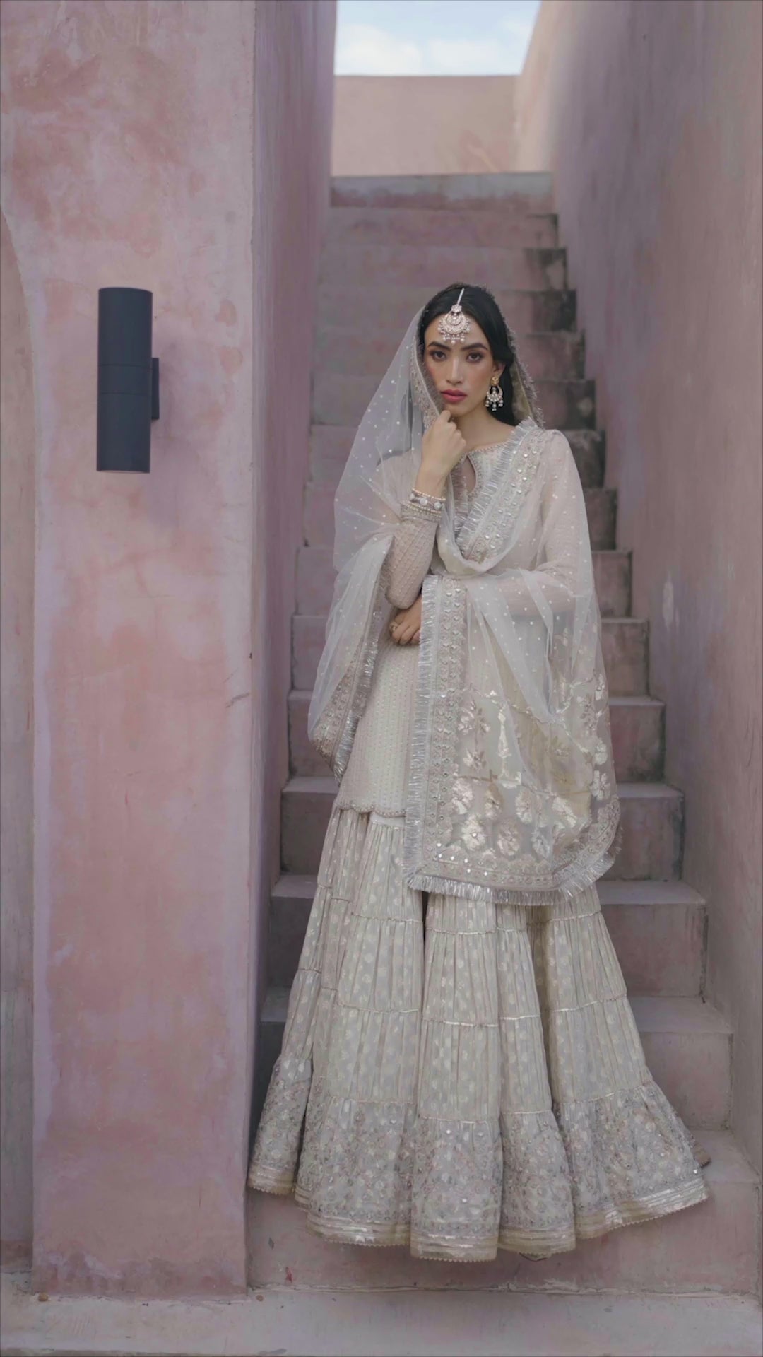 Off-White Embroidered Chiffon & Karandi Gharara (3-Piece) - Image 8