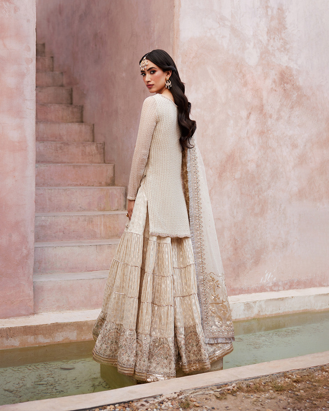 Off-White Embroidered Chiffon & Karandi Gharara (3-Piece) - Image 3