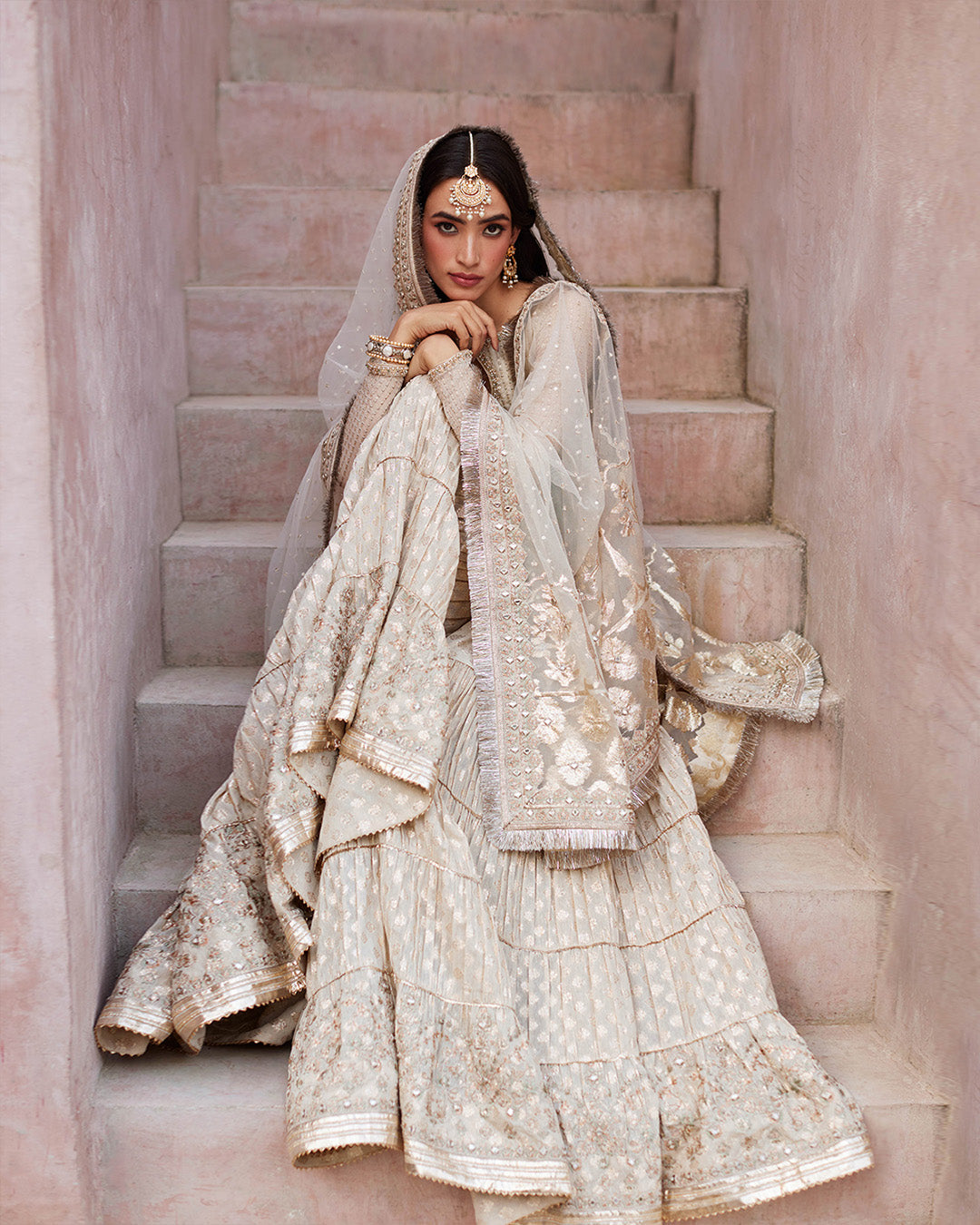 Off-White Embroidered Chiffon & Karandi Gharara (3-Piece) - Image 4