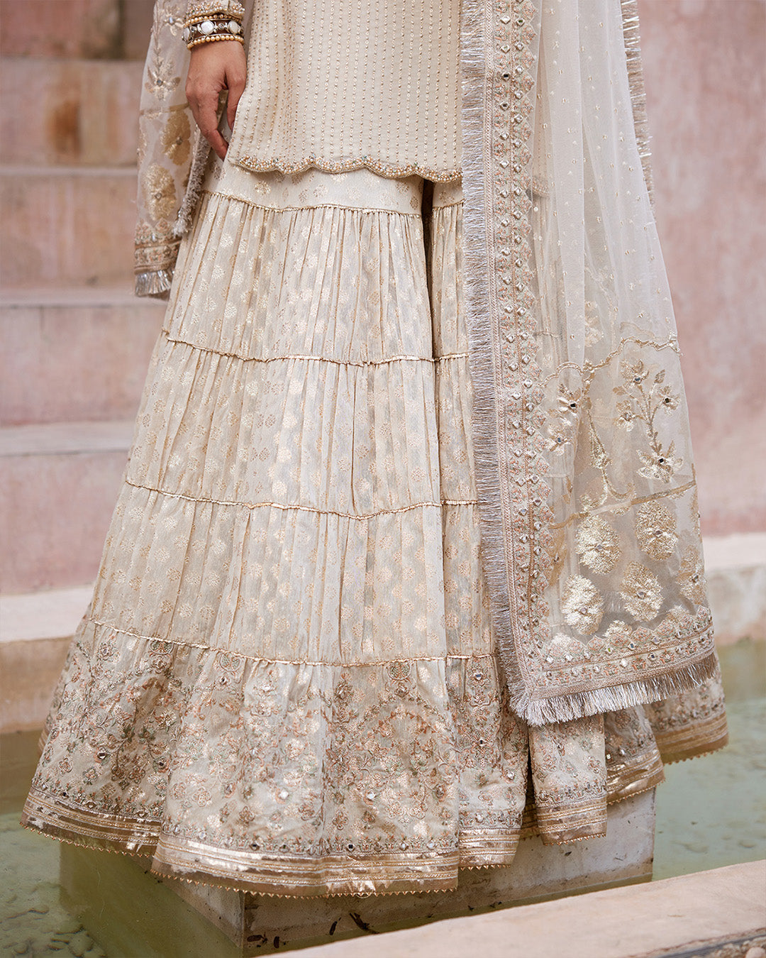 Off-White Embroidered Chiffon & Karandi Gharara (3-Piece) - Image 5