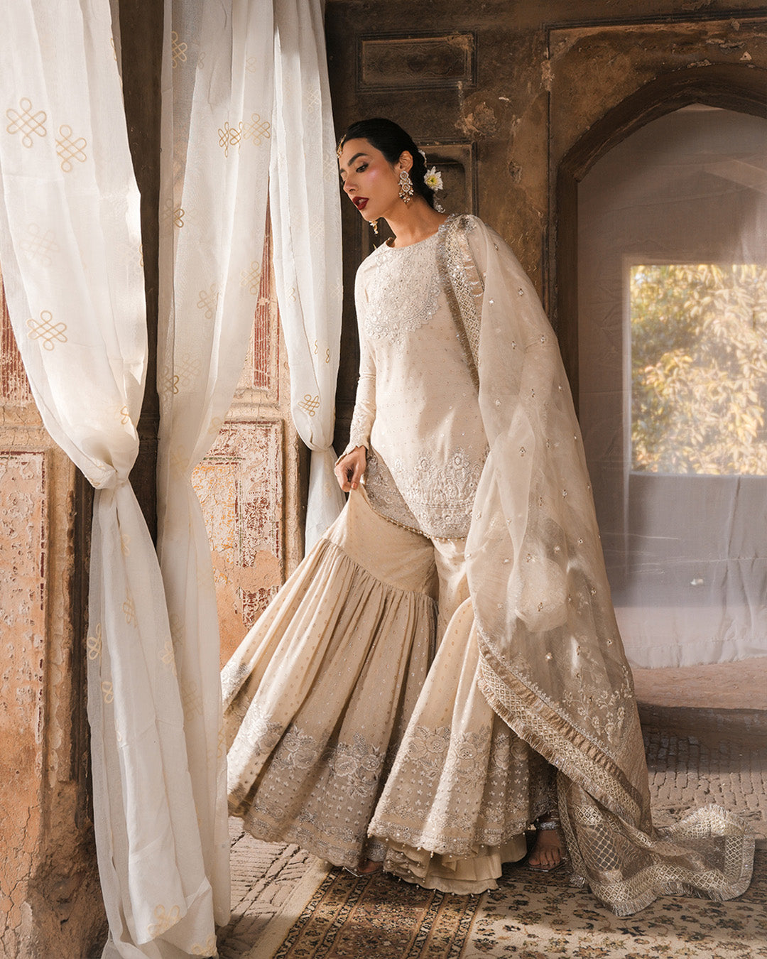 Off-White Embroidered Karandi Gharara Set (3-Piece) - Image 2