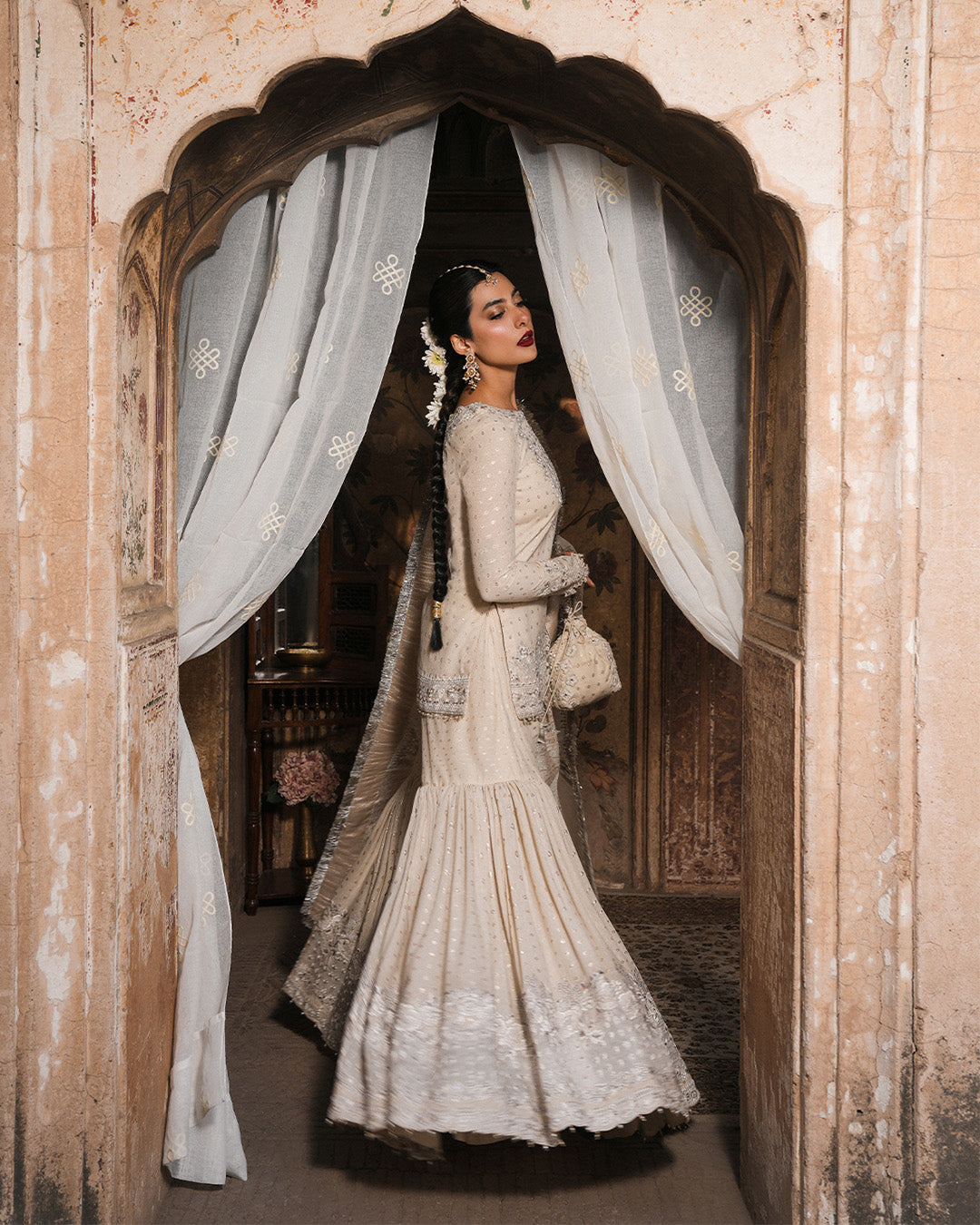 Off-White Embroidered Karandi Gharara Set (3-Piece) - Image 6