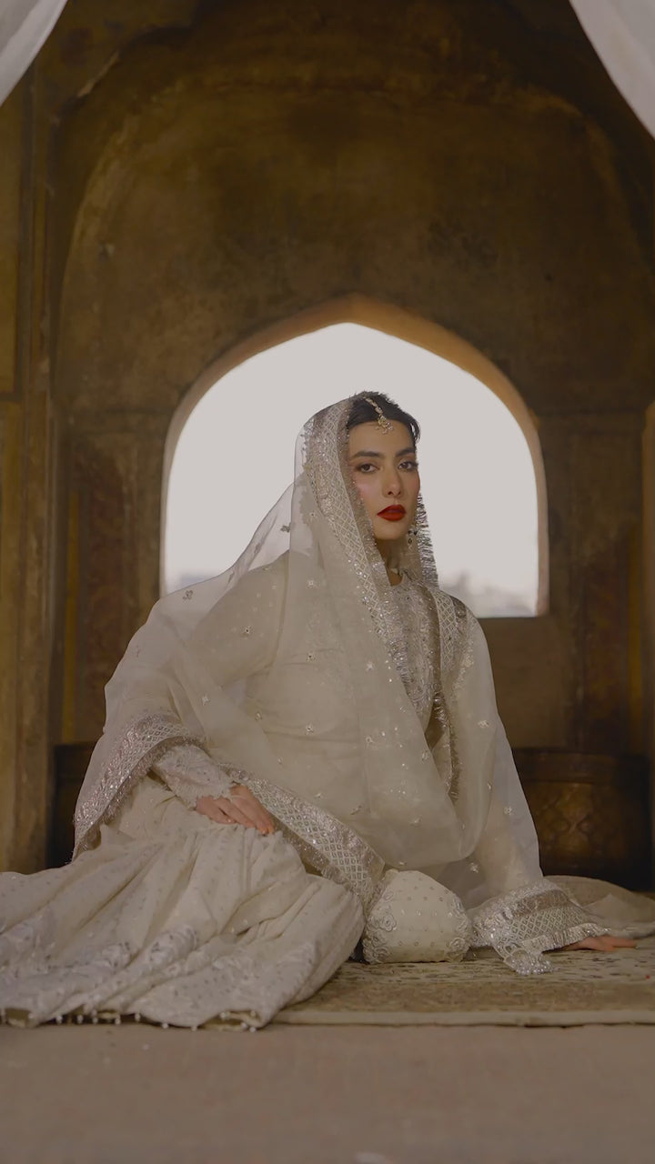 Off-White Embroidered Karandi Gharara Set (3-Piece) - Image 7