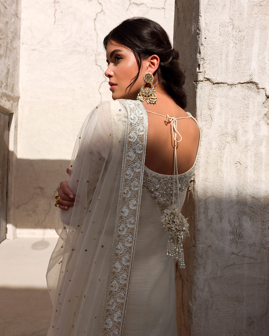 Pakistani Off-White Embellished Khaadi Net Gharara Set (3-Piece) - Image 4