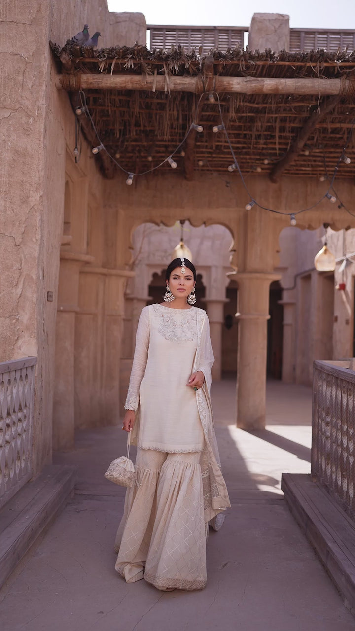 Pakistani Off-White Embellished Khaadi Net Gharara Set (3-Piece) - Image 8