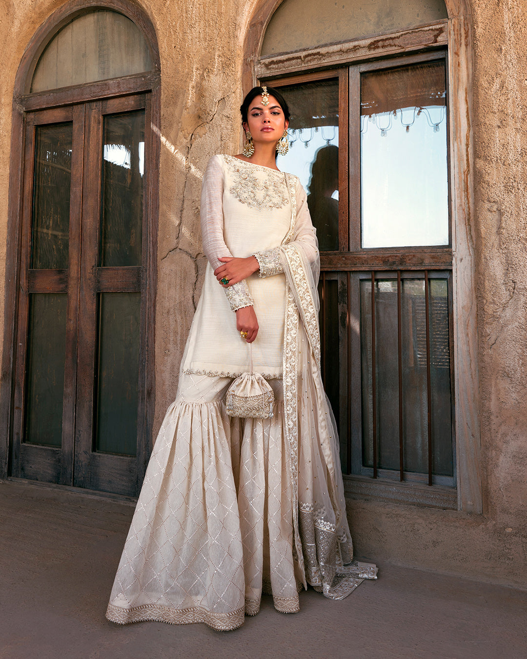 Off-White Embellished Khaadi Net Gharara (3-Piece) - Image 1