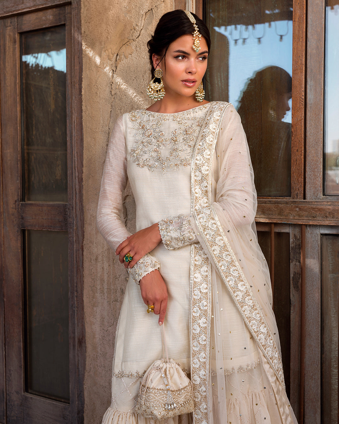 Off-White Embellished Khaadi Net Gharara (3-Piece) - Image 2
