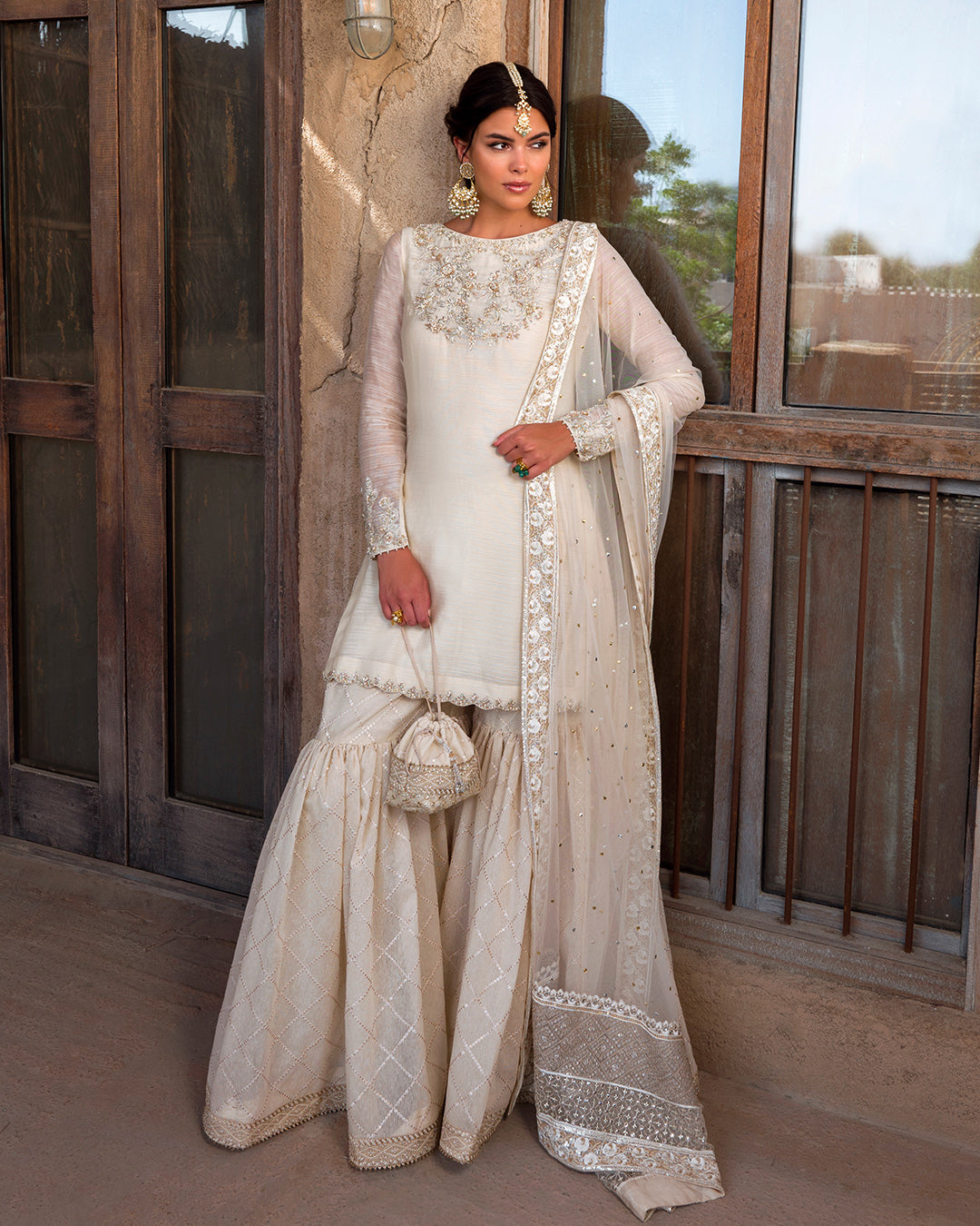 Off-White Embellished Khaadi Net Gharara (3-Piece) - Image 3