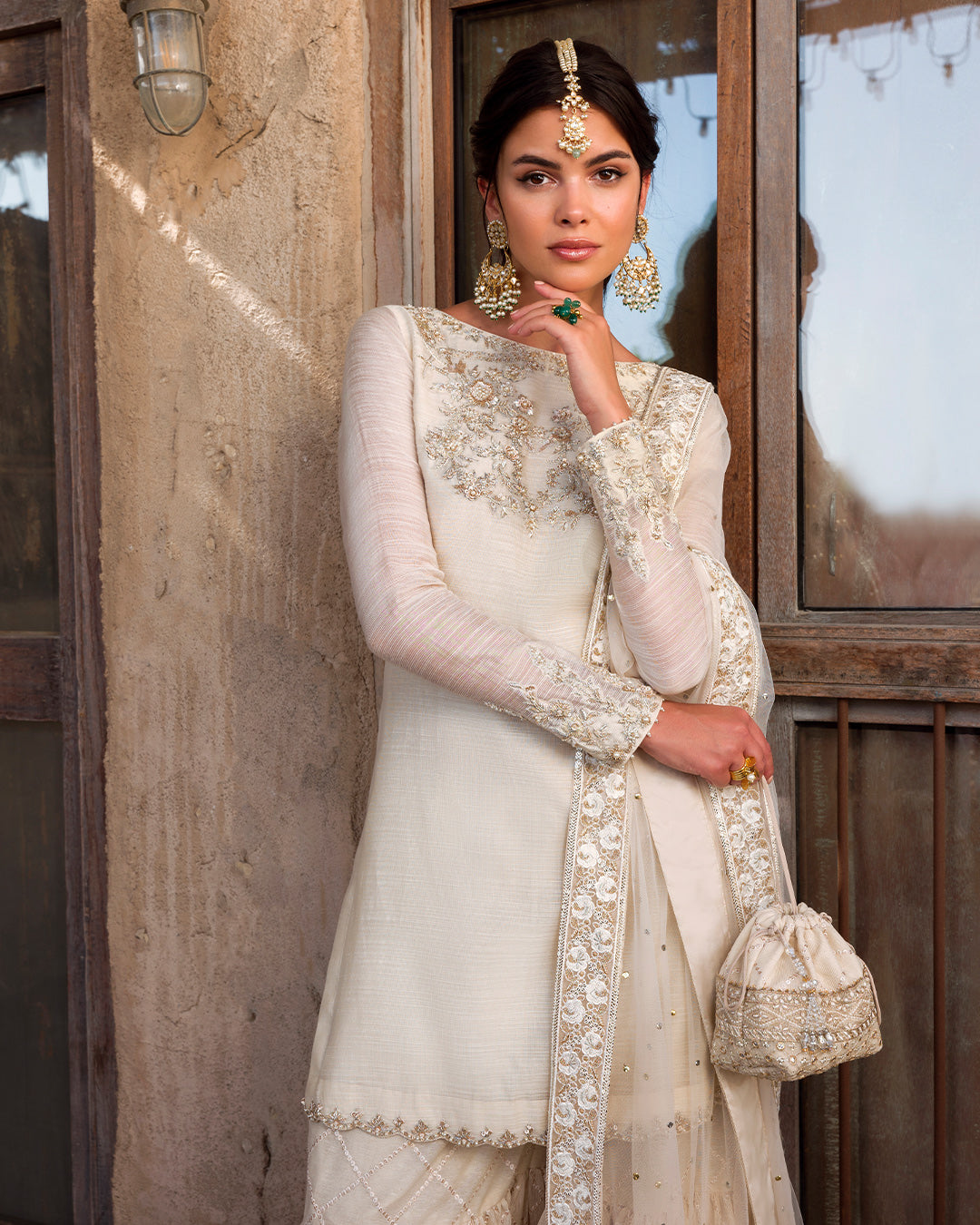 Off-White Embellished Khaadi Net Gharara (3-Piece) - Image 7