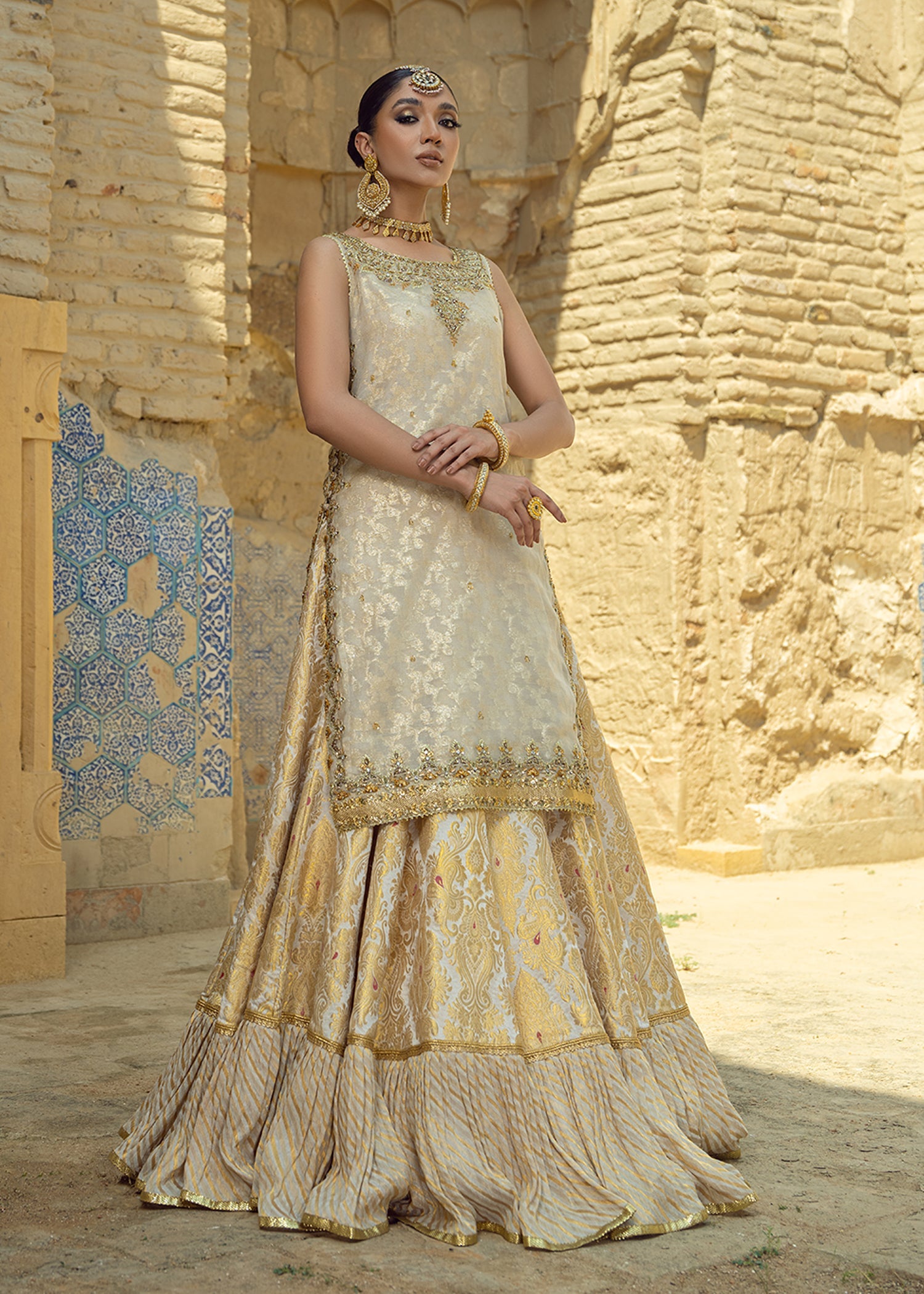 Ivory Gold Embroidered Silk Mesori Gharara (3-Piece) - Image 1