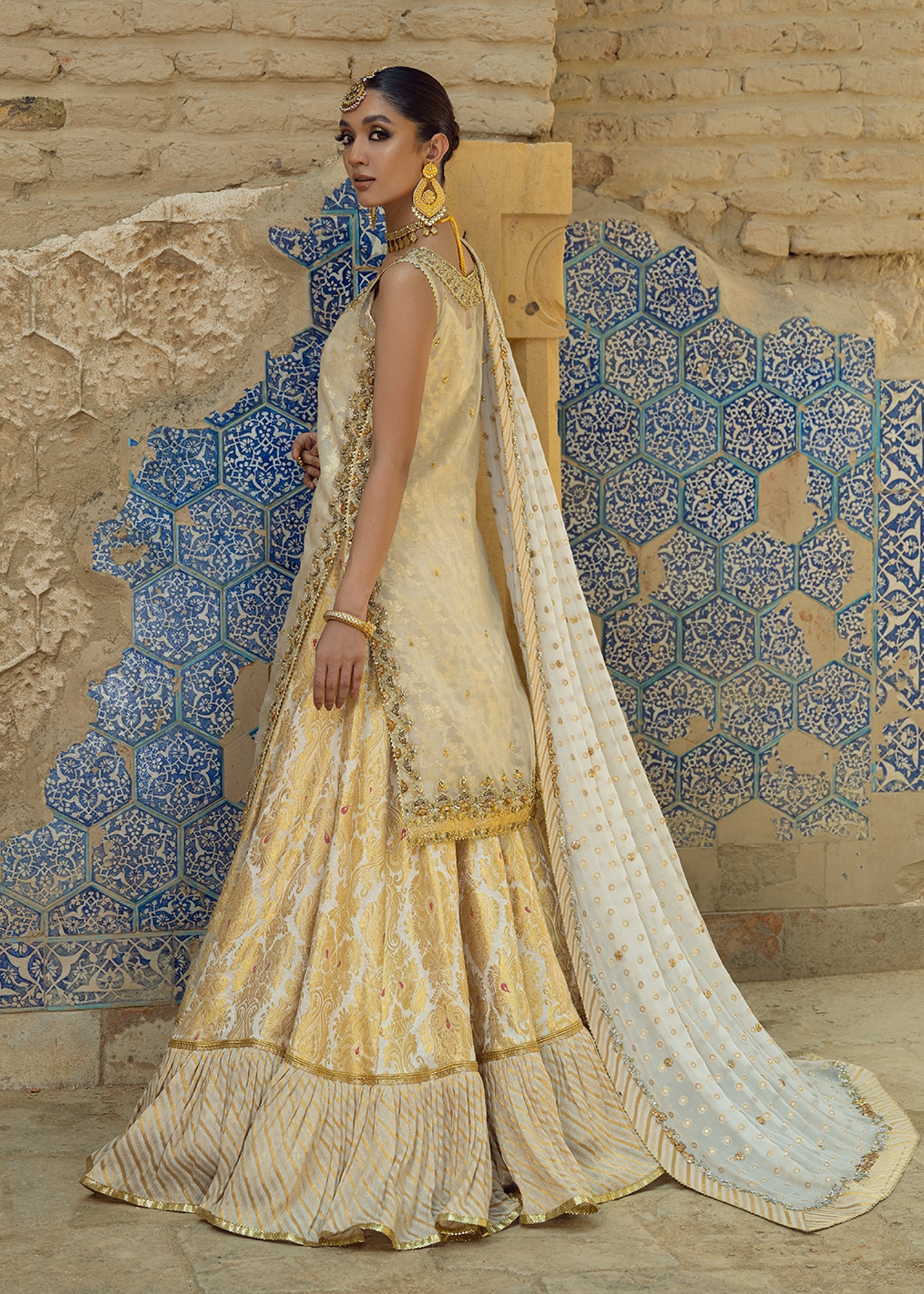 Ivory Gold Embroidered Silk Mesori Gharara (3-Piece) - Image 2