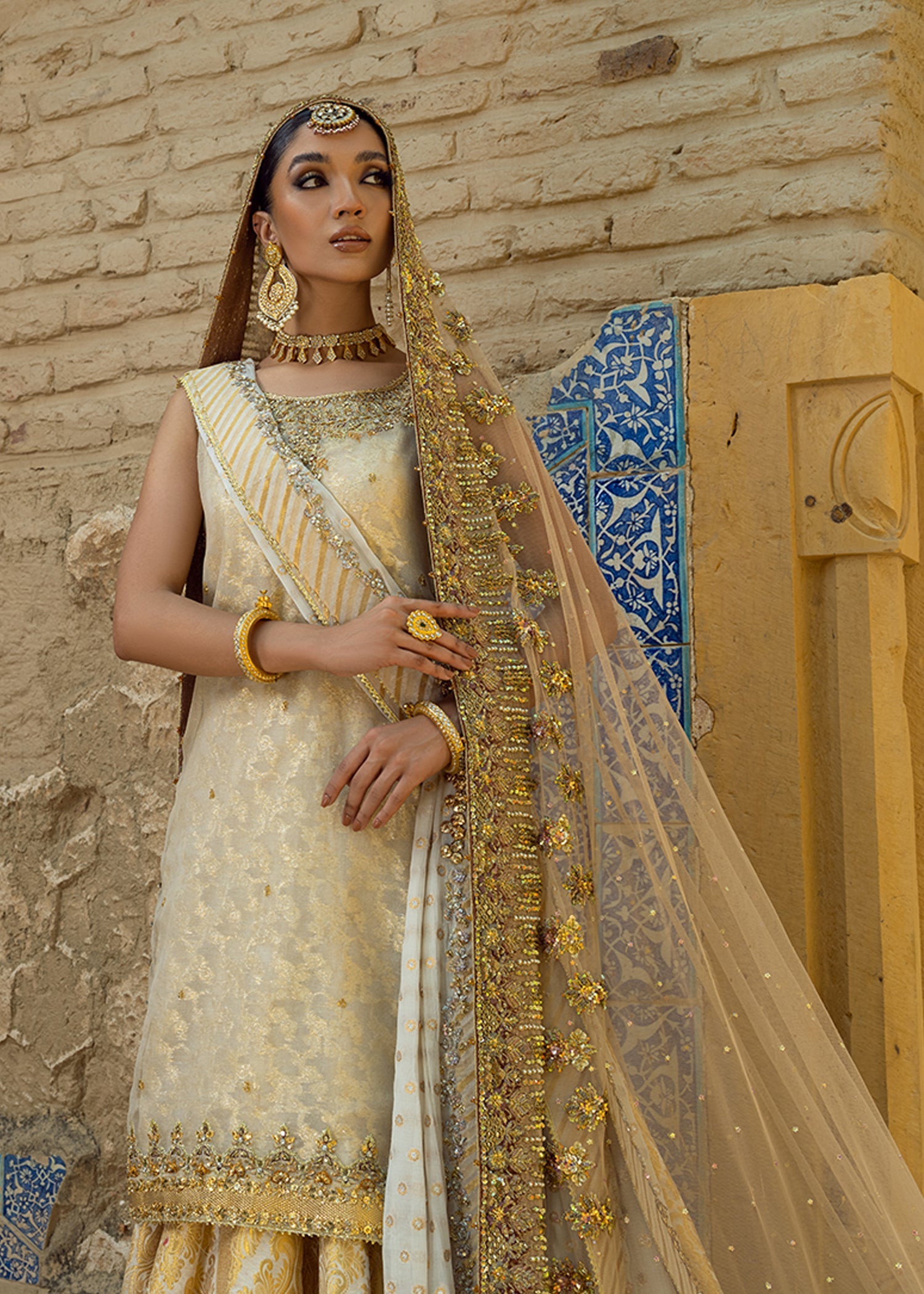Ivory Gold Embroidered Silk Mesori Gharara (3-Piece) - Image 4