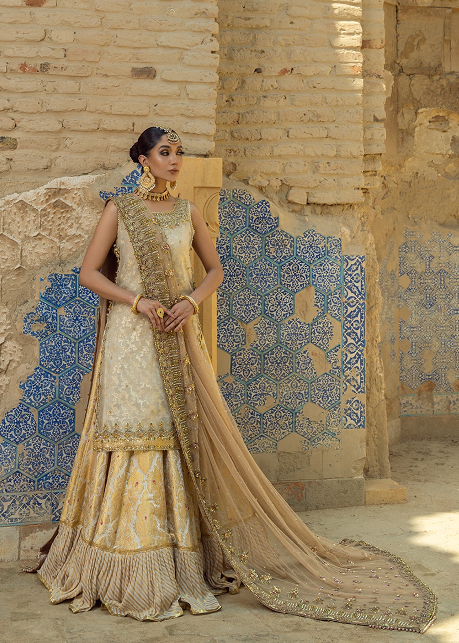 Ivory Gold Embroidered Silk Mesori Gharara (3-Piece) - Image 6