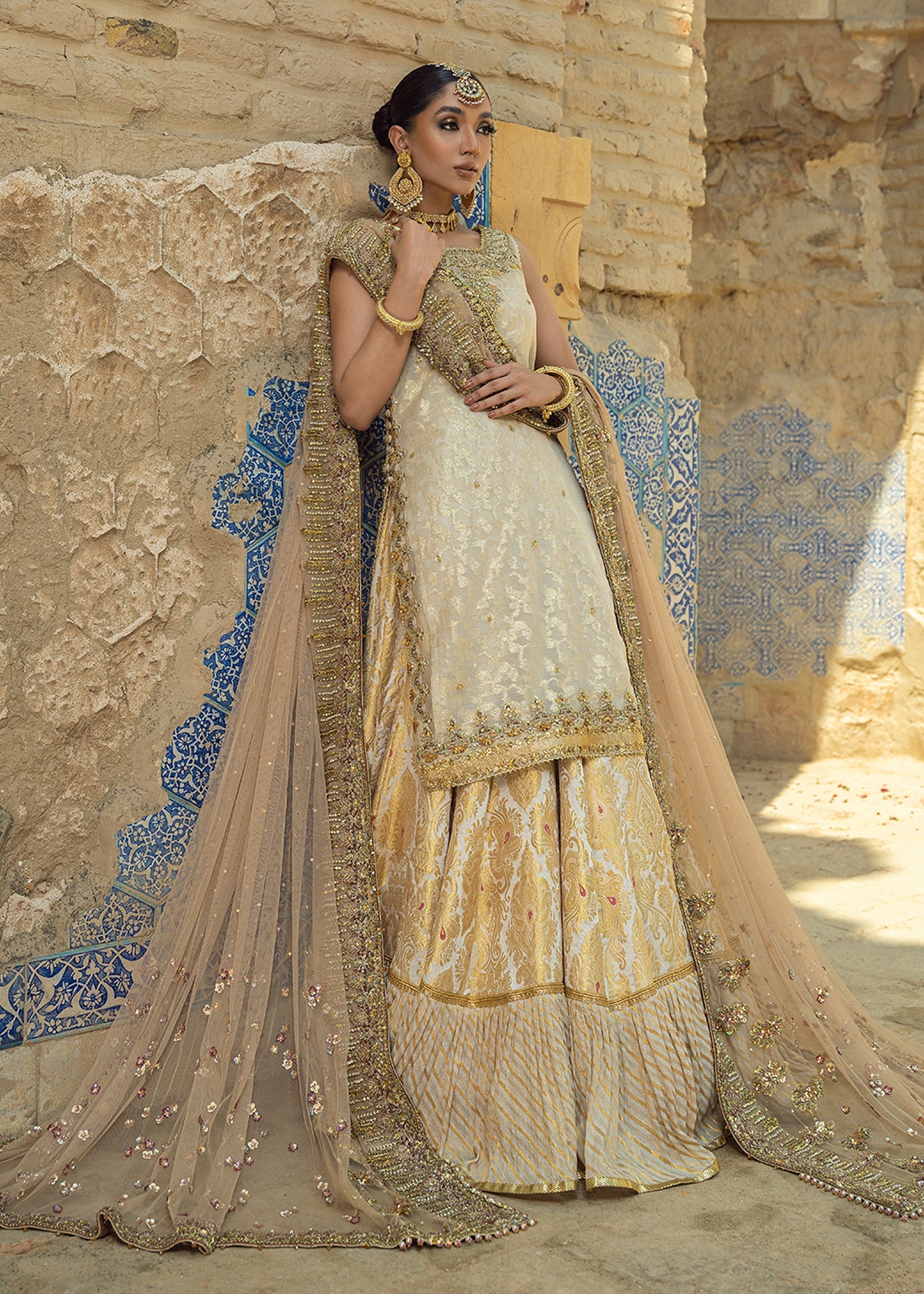 Ivory Gold Embroidered Silk Mesori Gharara (3-Piece) - Image 7