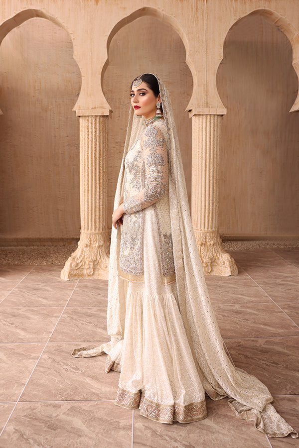 Pakistani Ivory Embellished Net Gharara Set (3-Piece) - Image 3