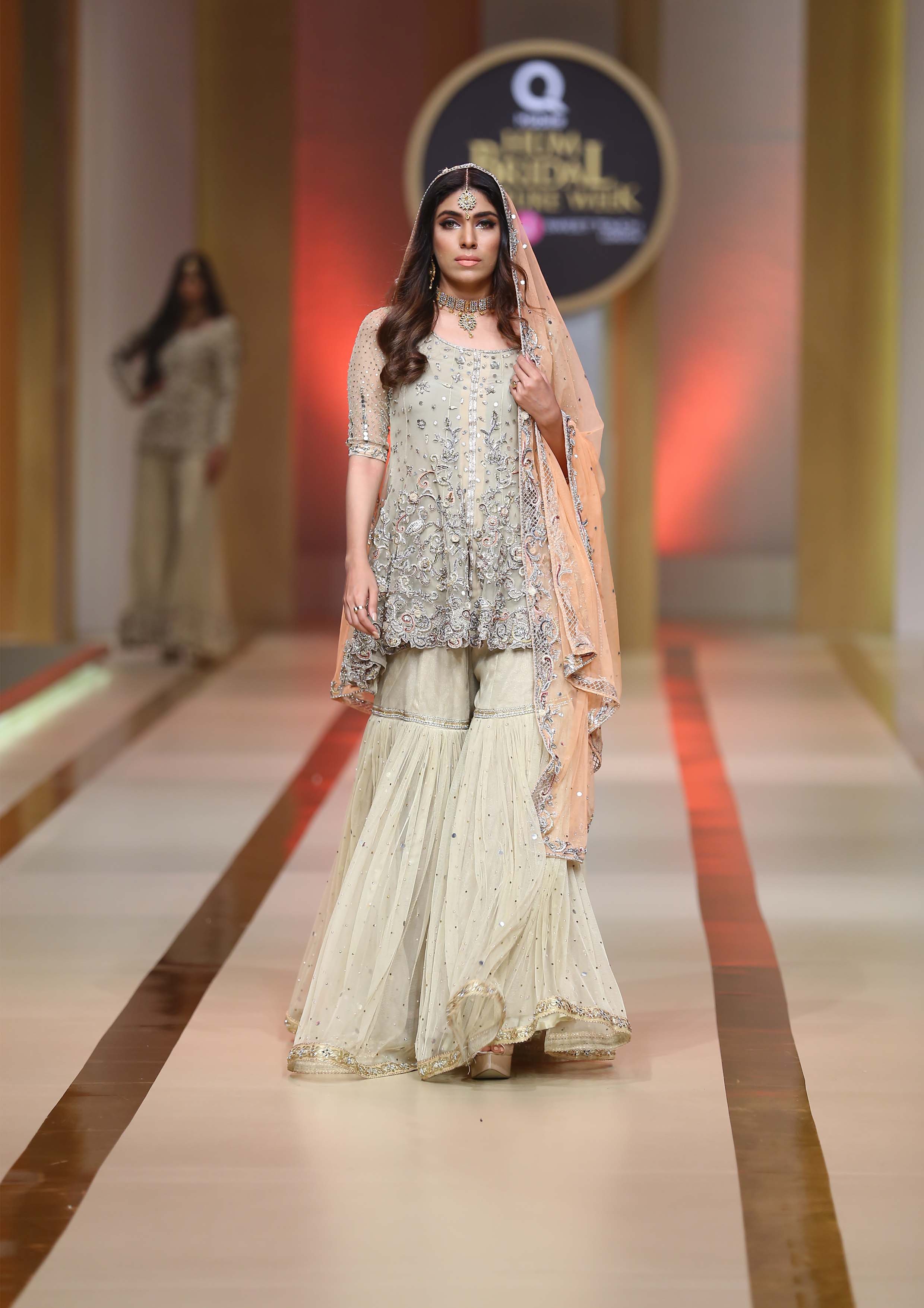 Pakistani Ivory Meshwork Embroidered Net Peplum Gharara (3-Piece) - Image 1