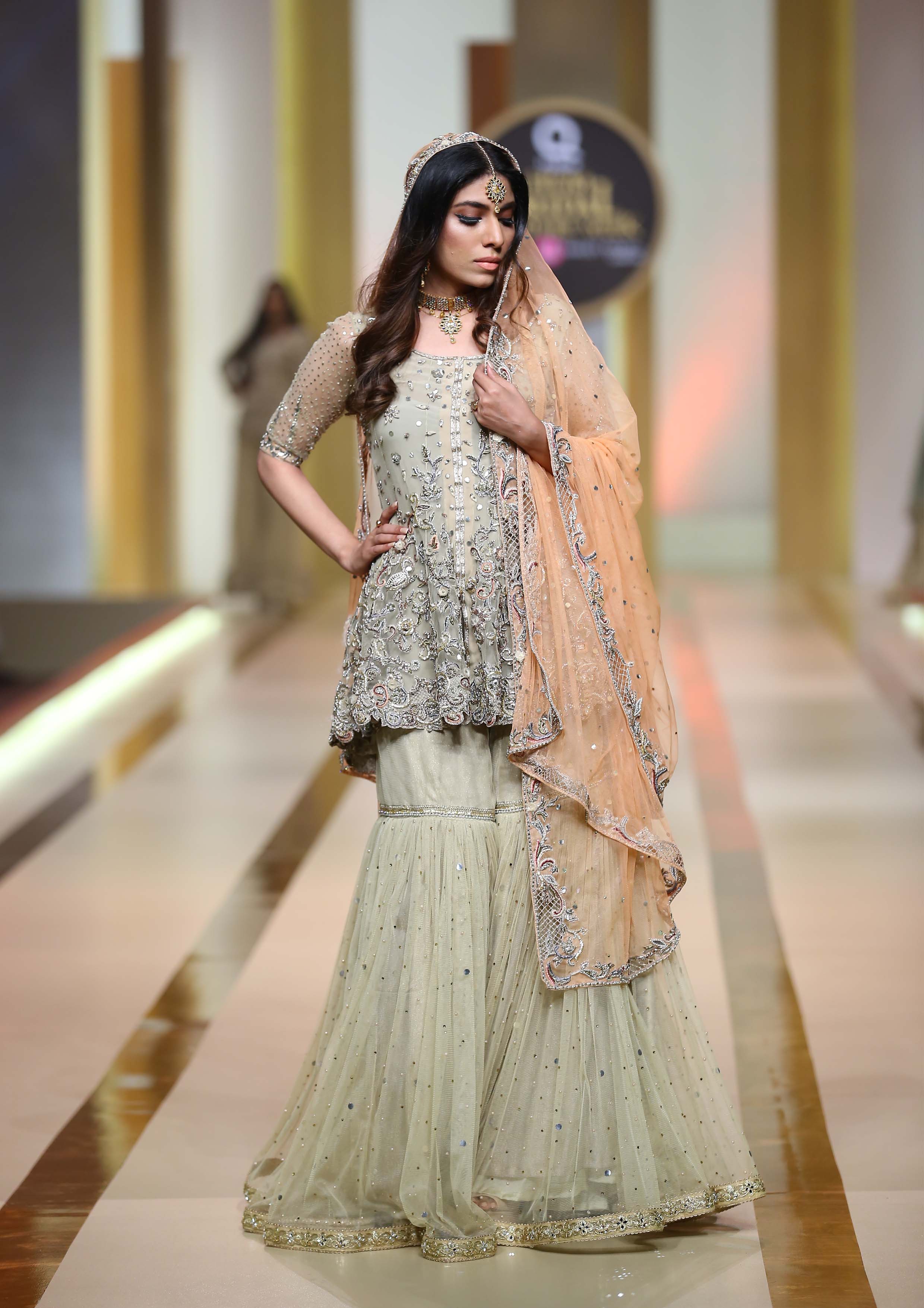 Pakistani Ivory Meshwork Embroidered Net Peplum Gharara (3-Piece) - Image 2