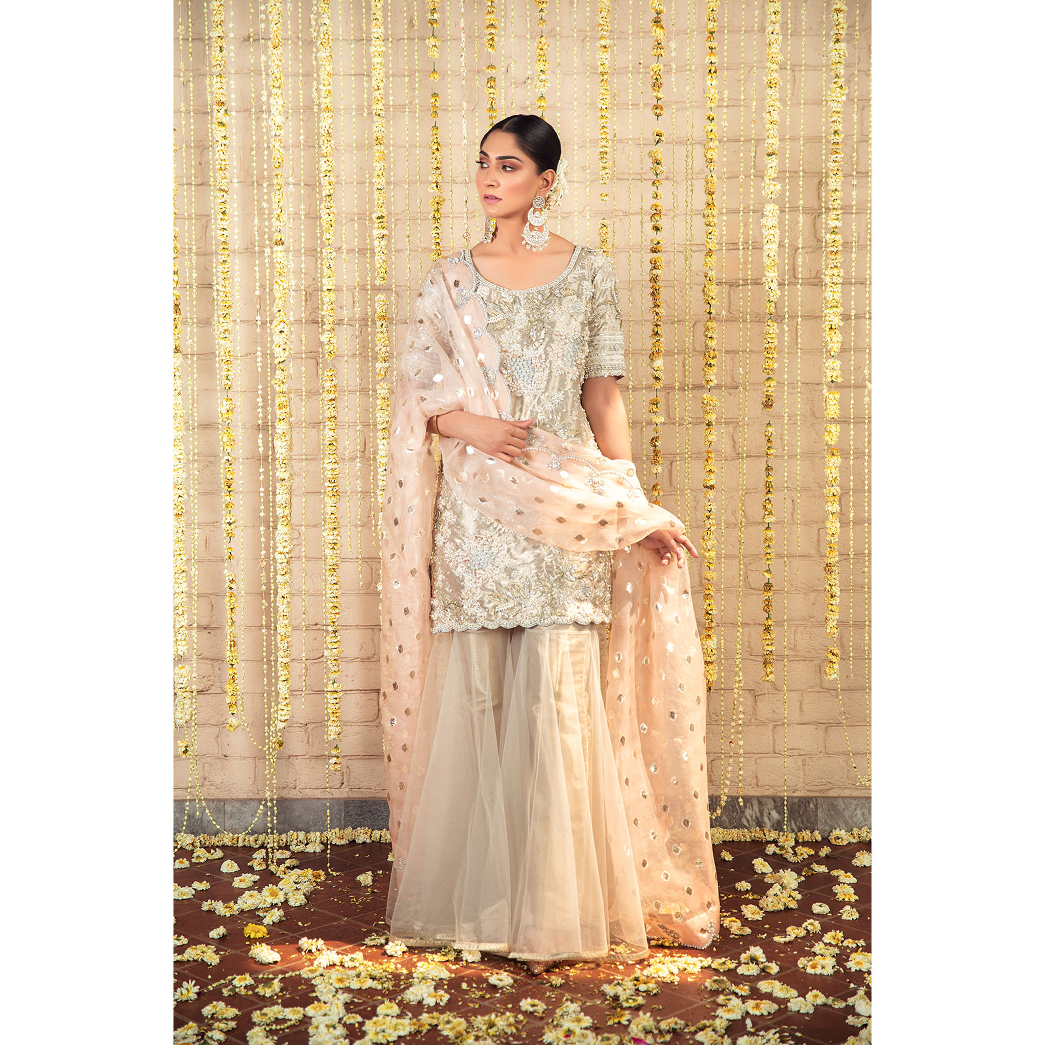 Ivory Pastel Embellished Net Organza Gharara (3-Piece) - Image 1