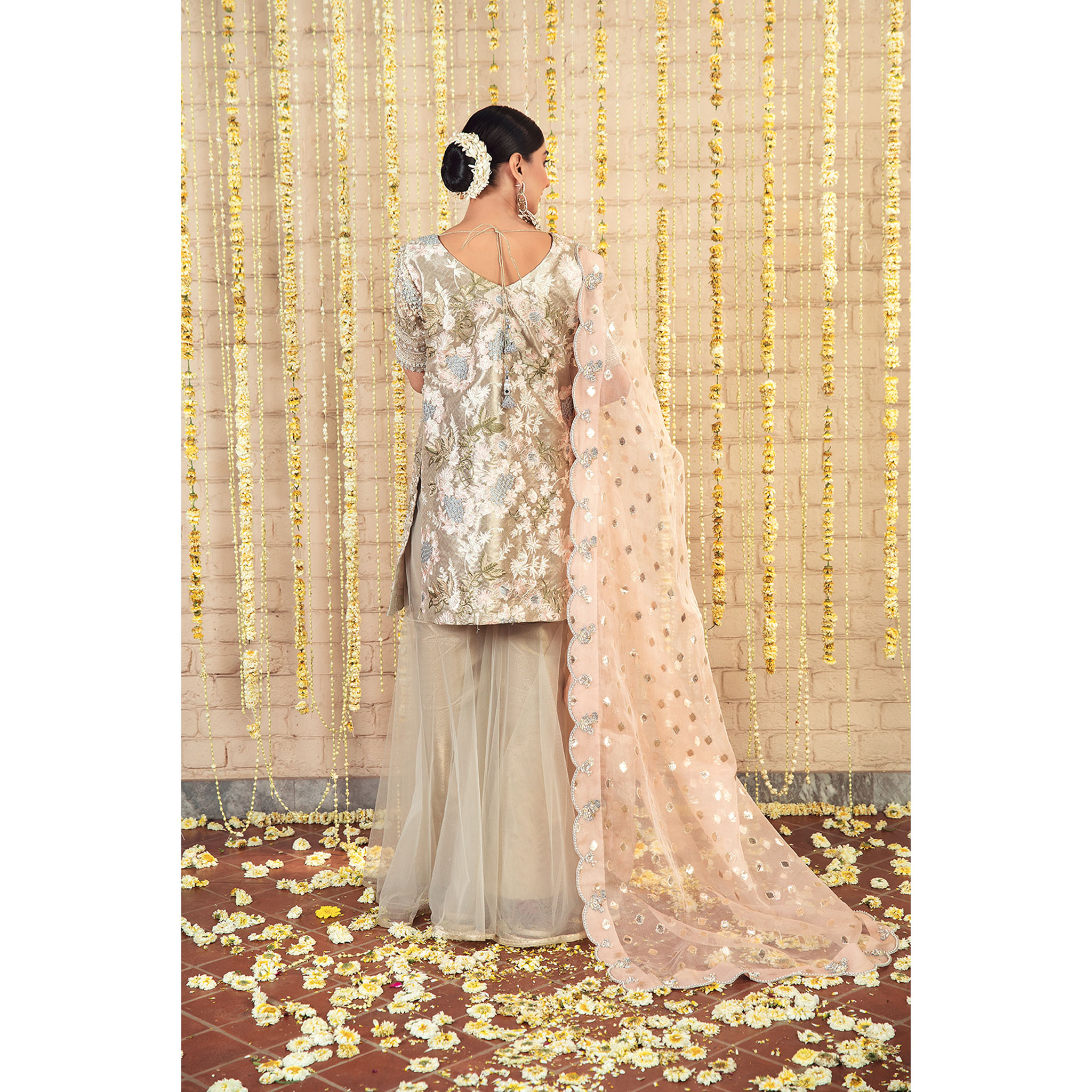 Ivory Pastel Embellished Net Organza Gharara (3-Piece) - Image 2