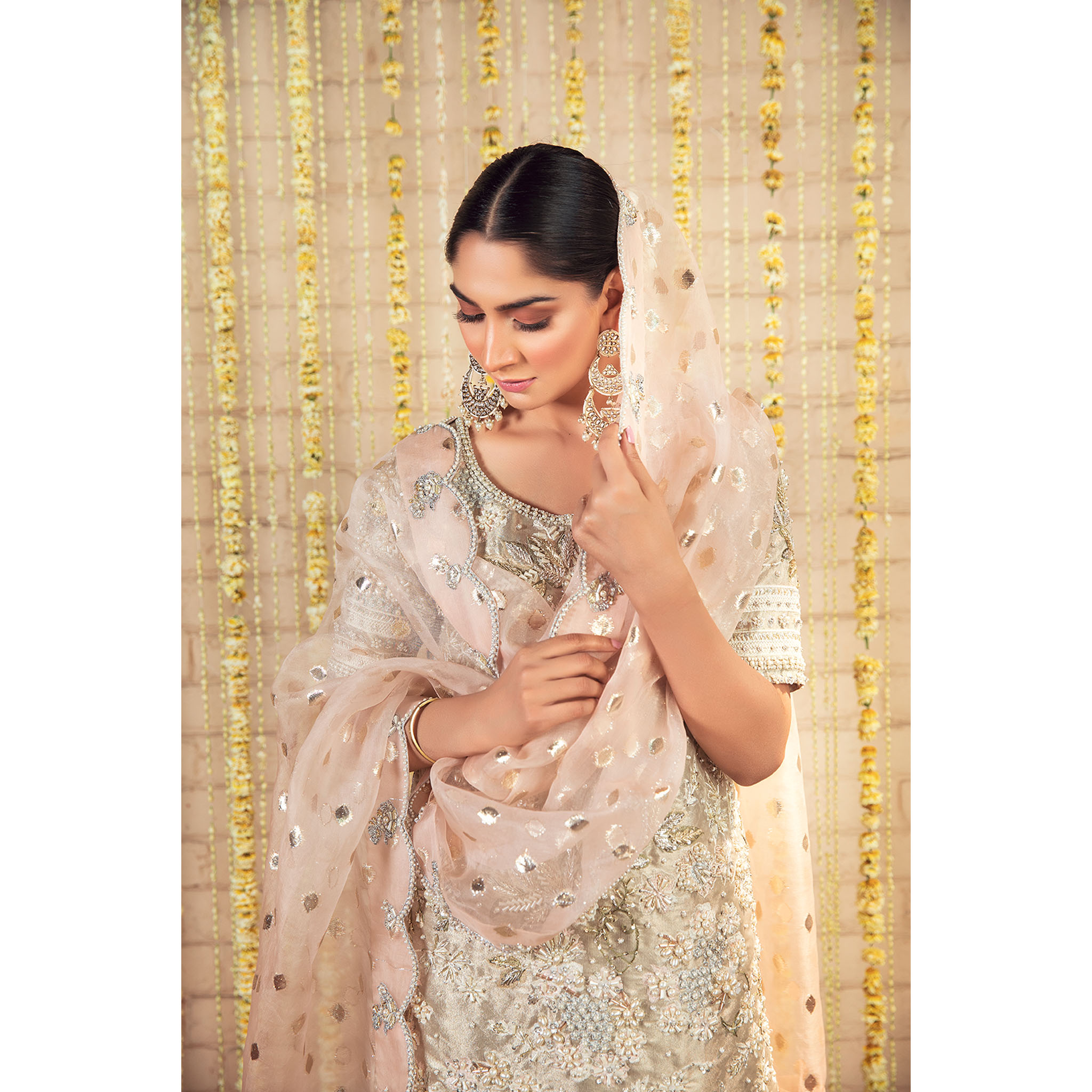 Ivory Pastel Embellished Net Organza Gharara (3-Piece) - Image 5