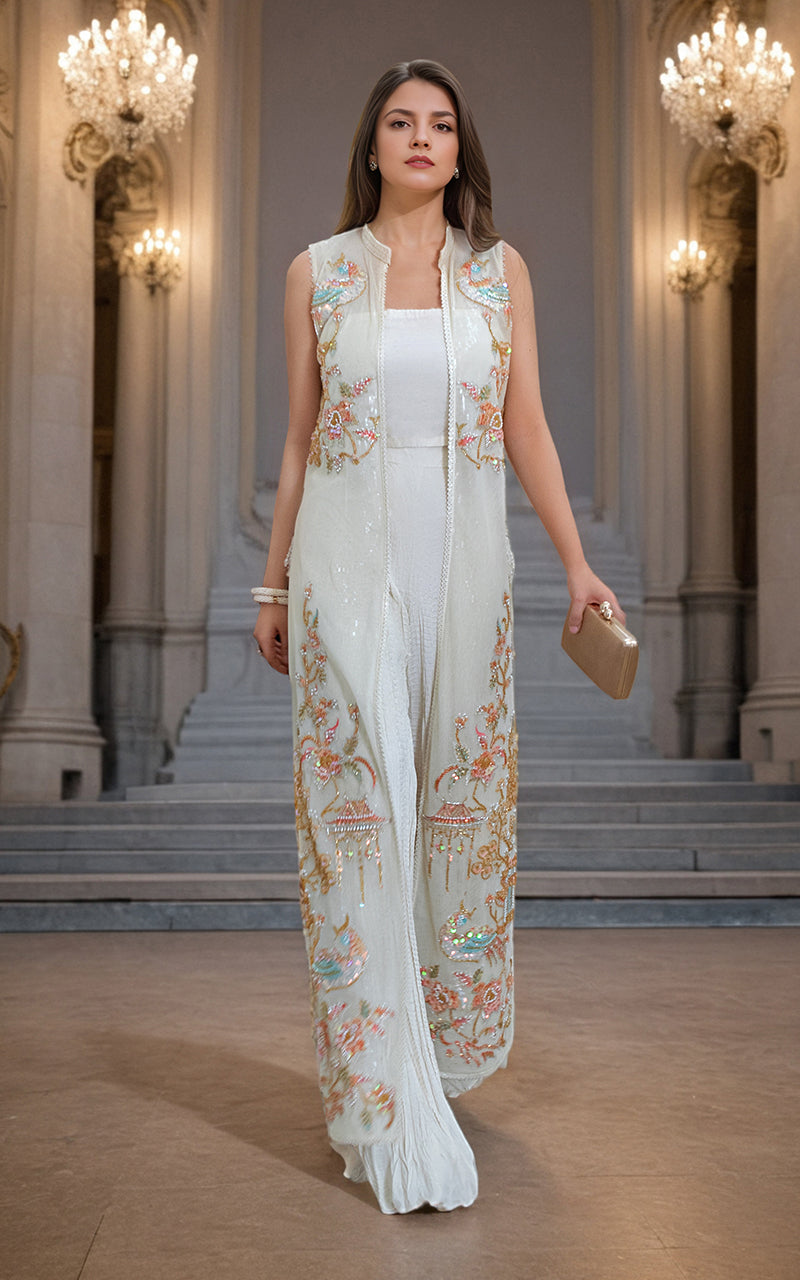 Ivory Embroidered Net Jacket with Crushed Gharara (2-Piece) - Image 2